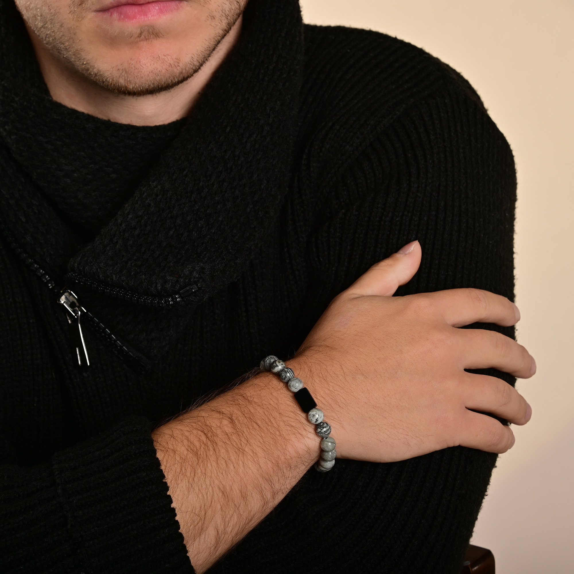 "Bodhi" Akzent Kugelarmband, Naturstein (Jasper), personalisierbar, schwarz