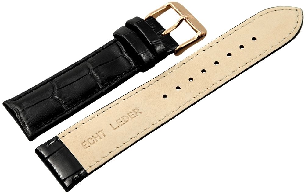 Echtleder-Uhrenarmband, schwarz, Krokooptik, 22 mm