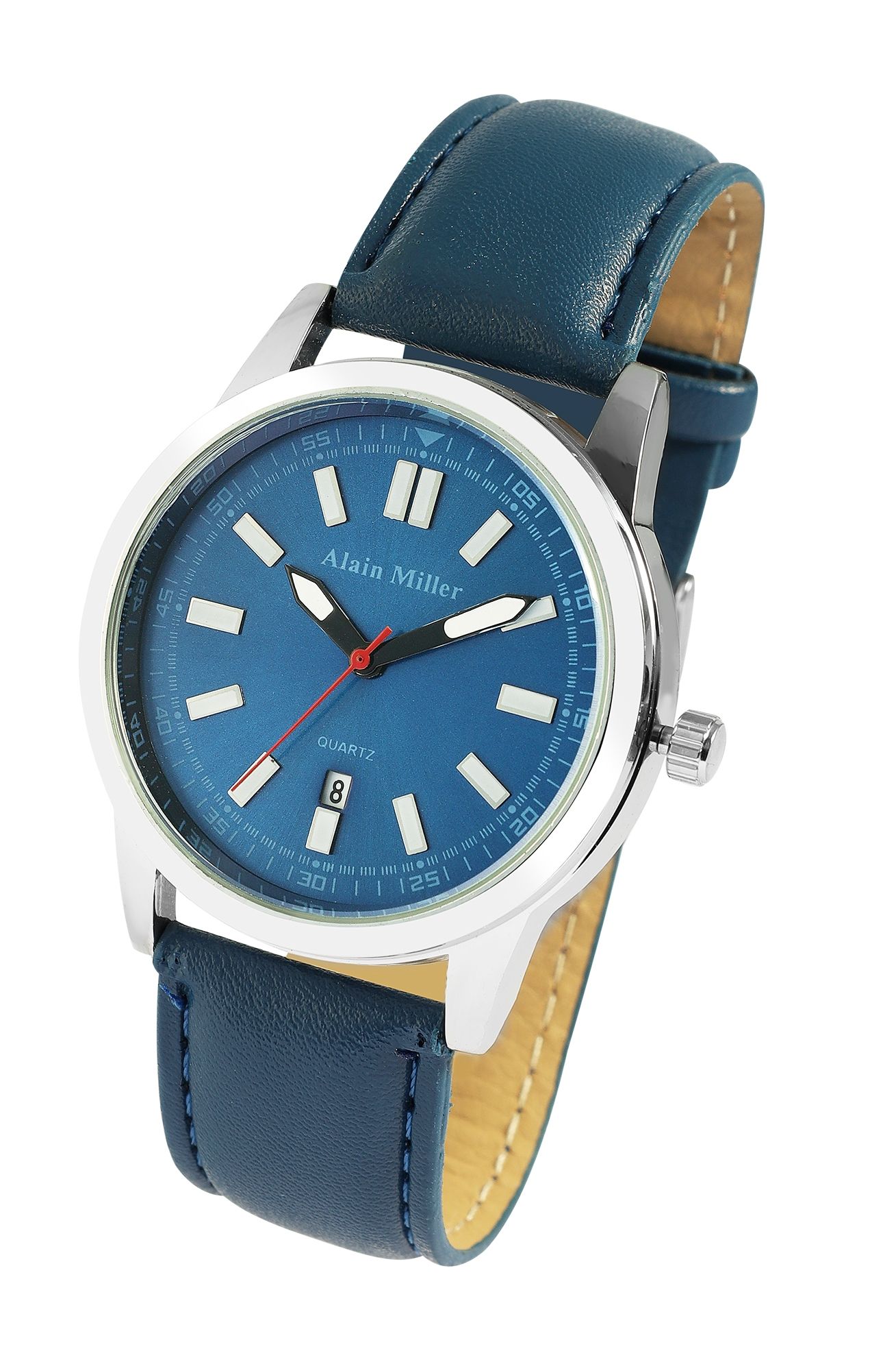 Alain Miller Herrenuhr mit Lederimitationsband, blau/ silberfarben