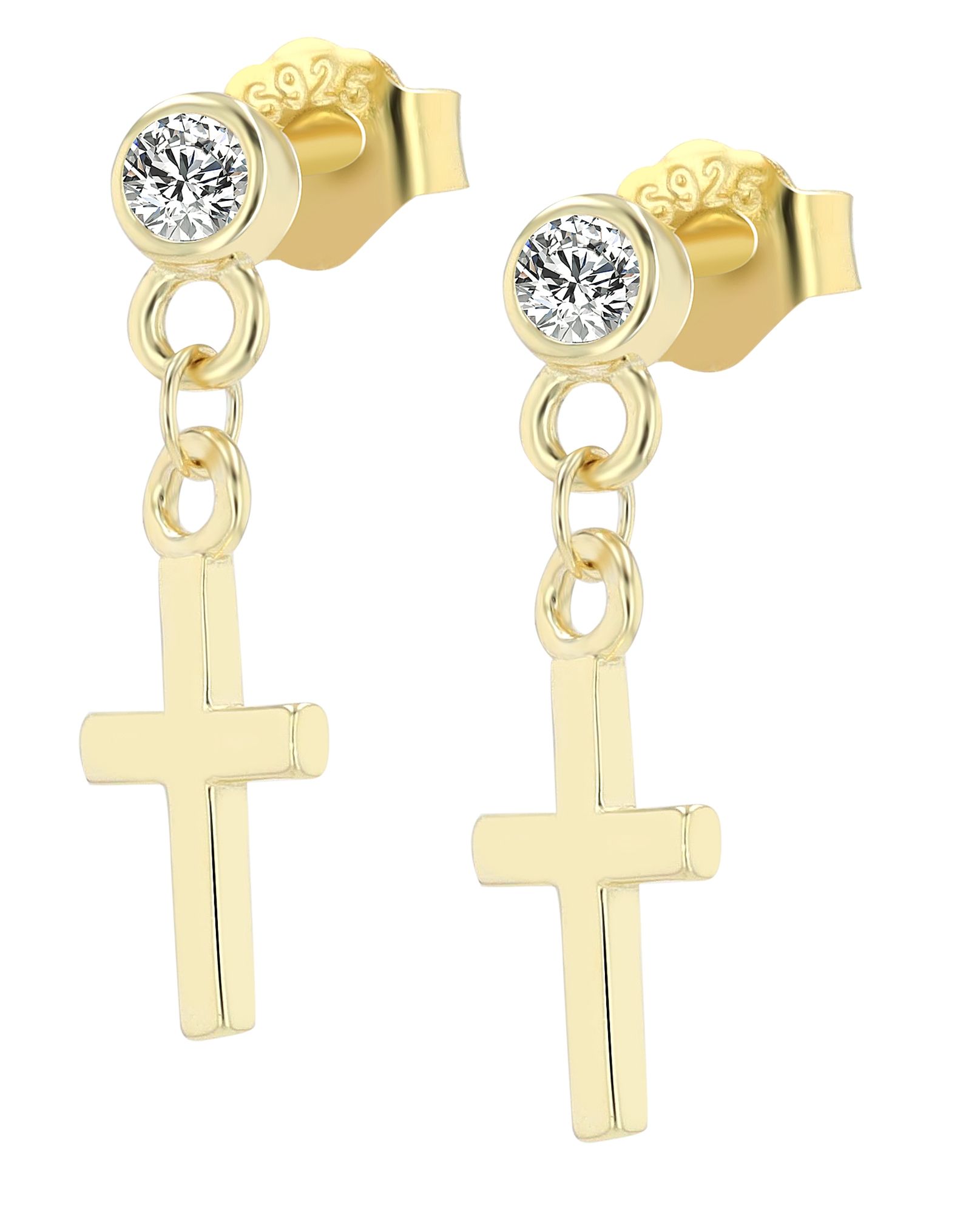 "Christmar" 925er Echt Silber Ohrstecker - Kreuz Anhänger, Zirkonia, vergoldet