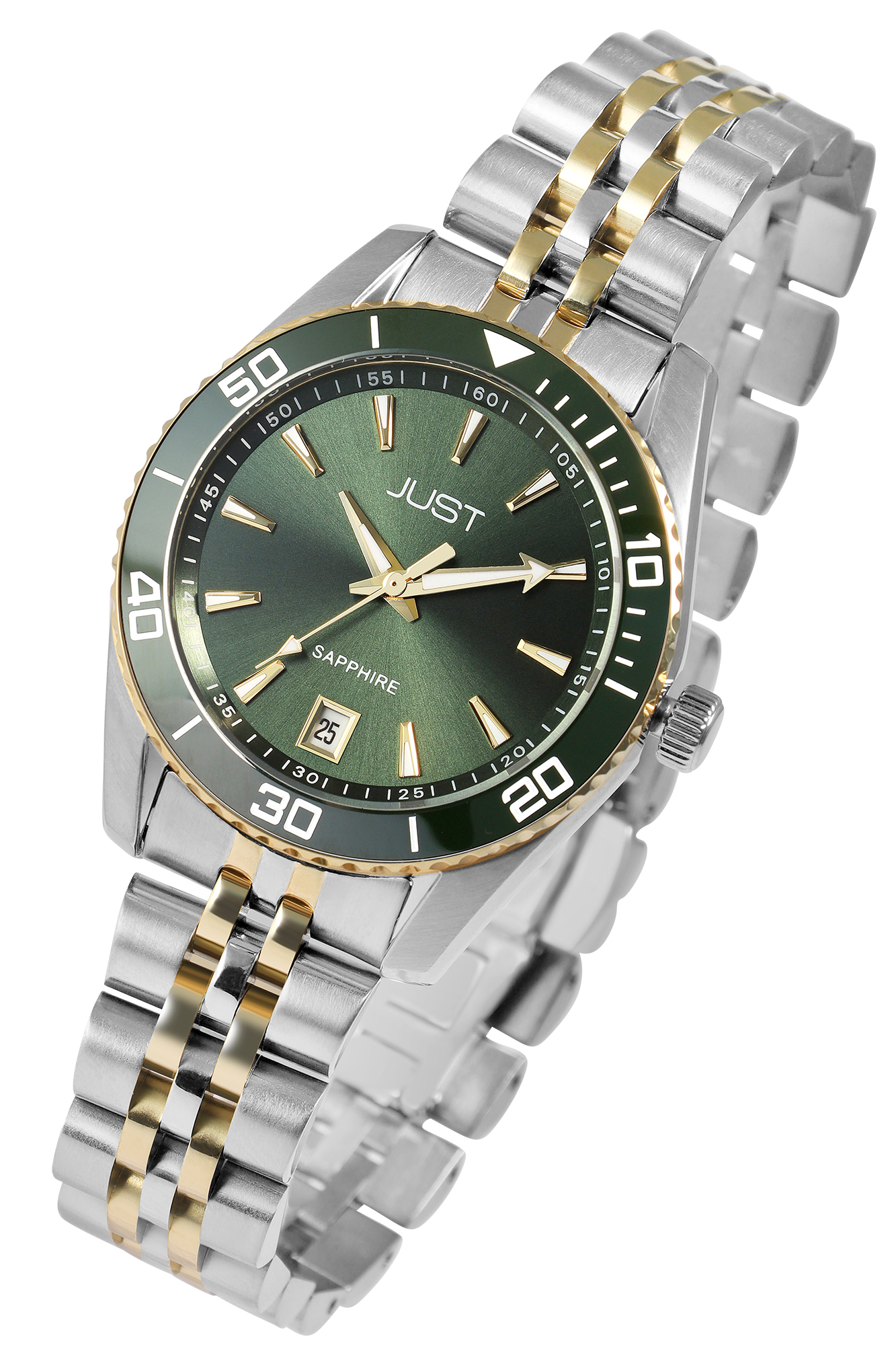 JUST  Damenuhr "Levana" mit Edelstahlarmband, 5ATM, bicolor (silberfarben/ goldfarben) + grün mit grüner Lünette