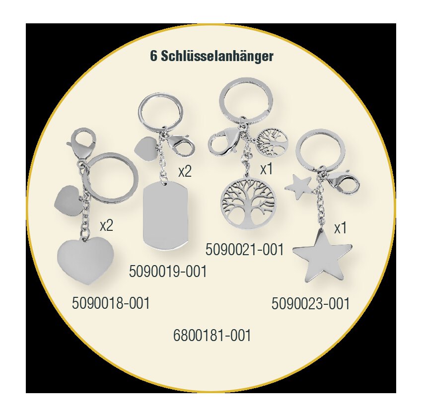 6 Edelstahlschlüsselanhänger im Set