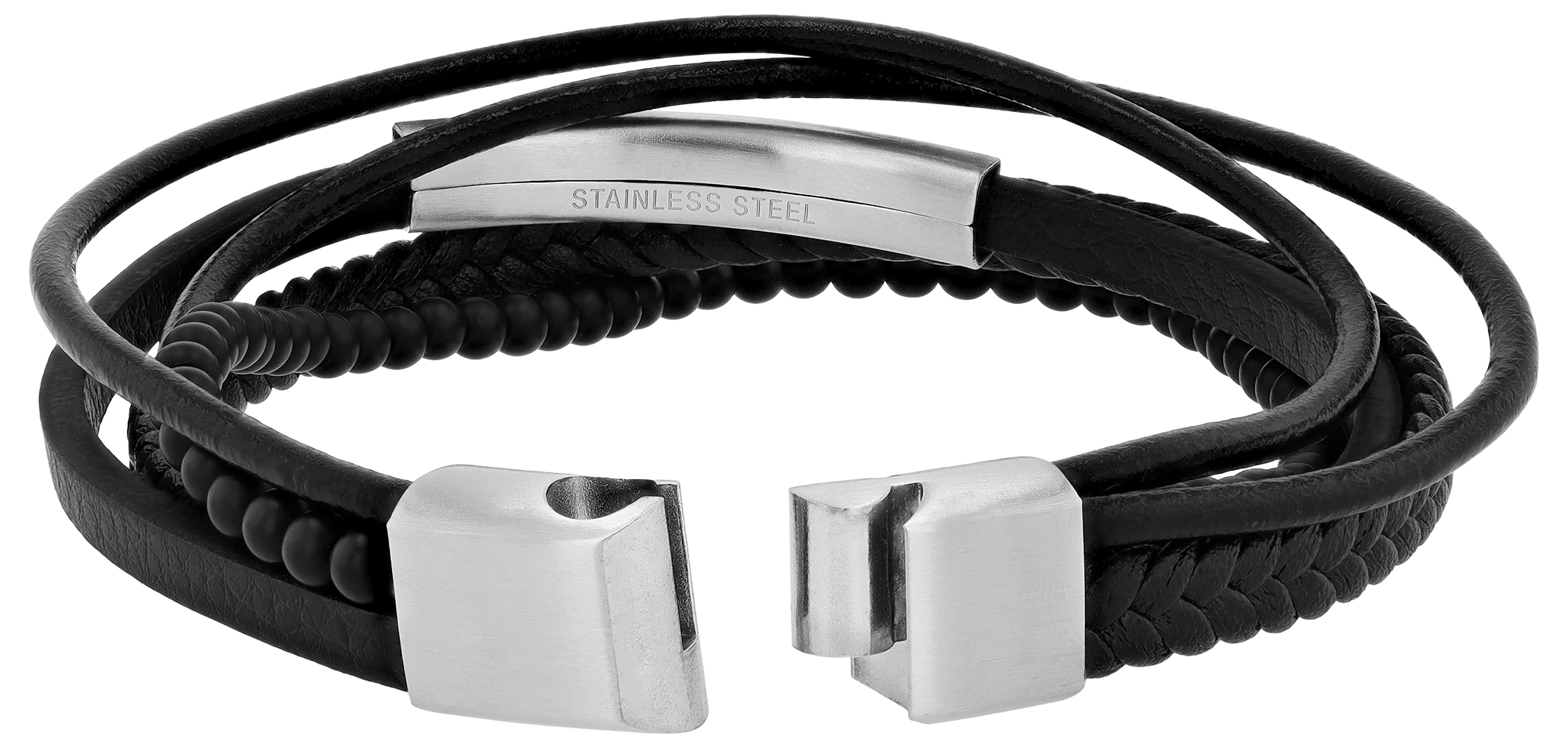 "Aegir" Lederimitat-Armband + Naturstein (Onyx), Gravurplatte, schwarz/silberfarbig, 23 cm