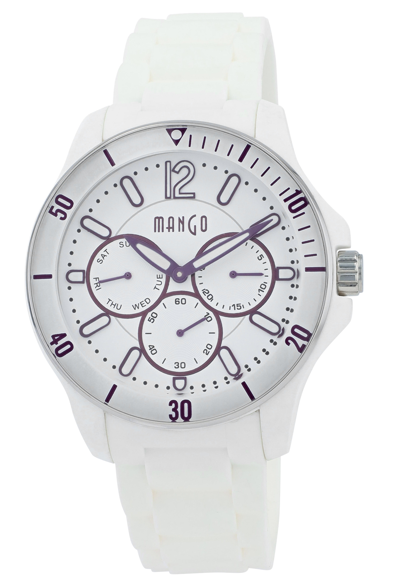Mango Damenuhr Ø 41 mm, Silikonband, weiß/ silberfarben (lila Deatils)