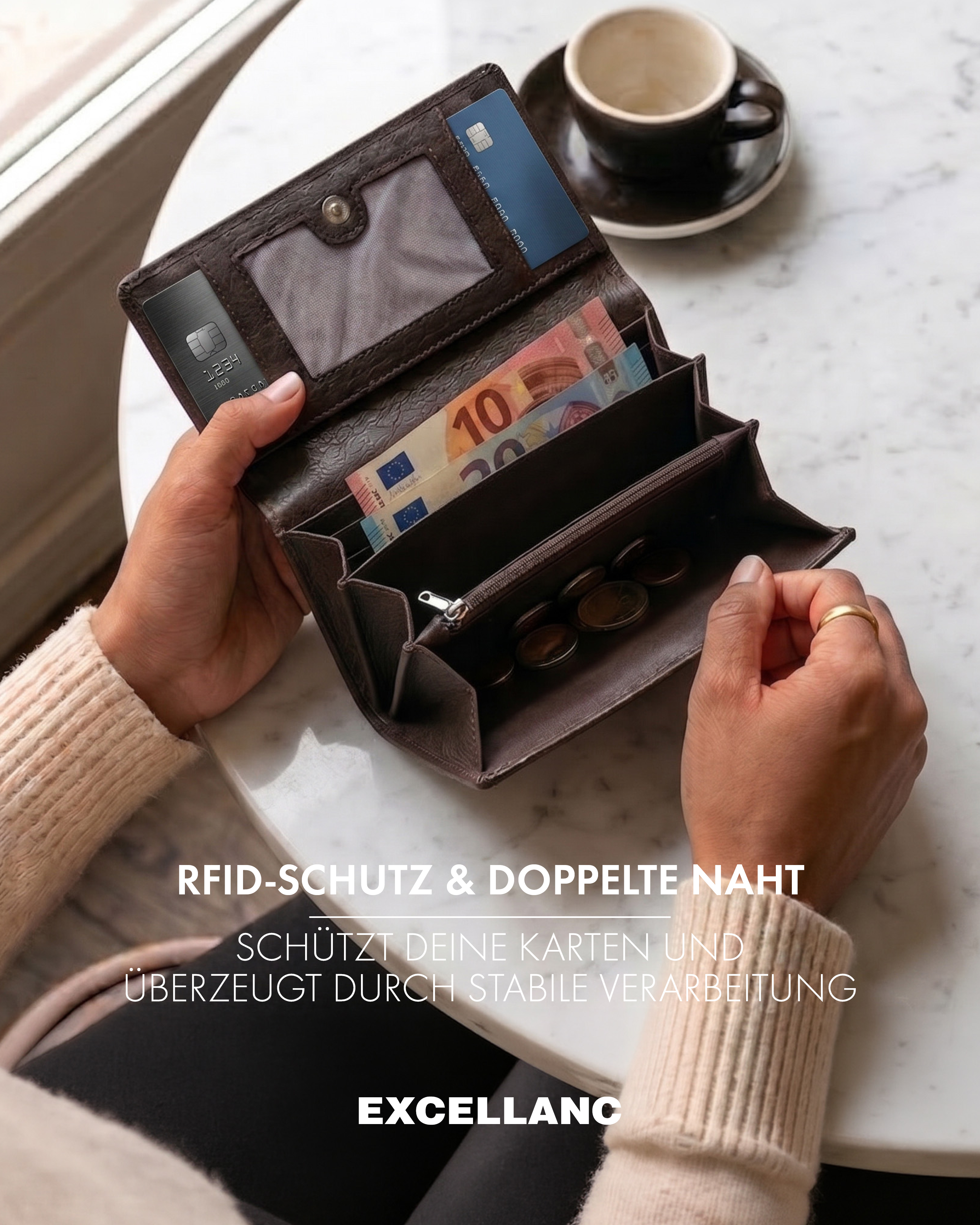 Excellanc Damen Geldbörse, Echtleder (Nappa), RFID, Querformat, braun