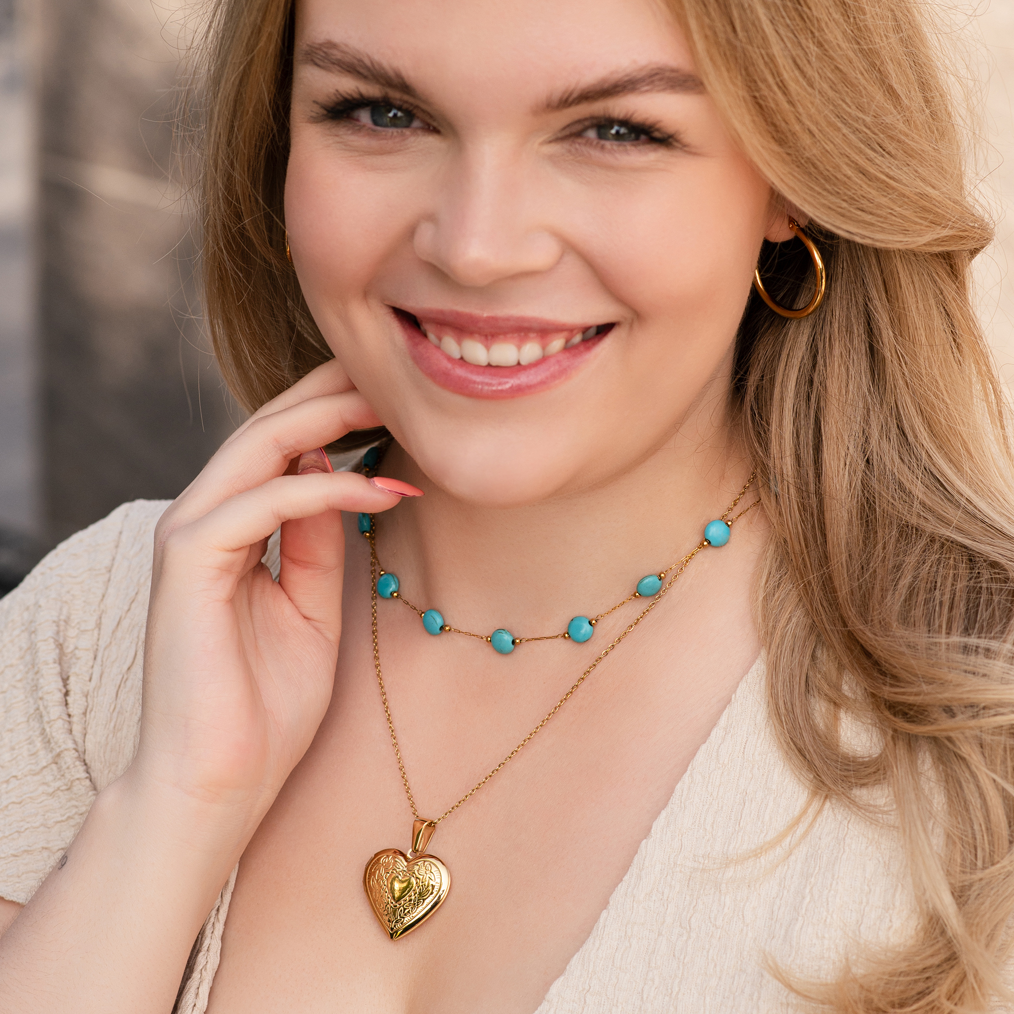 "Pinar" Edelstahlkette mit Türkis Edelstein in goldfarben, 40+5 cm