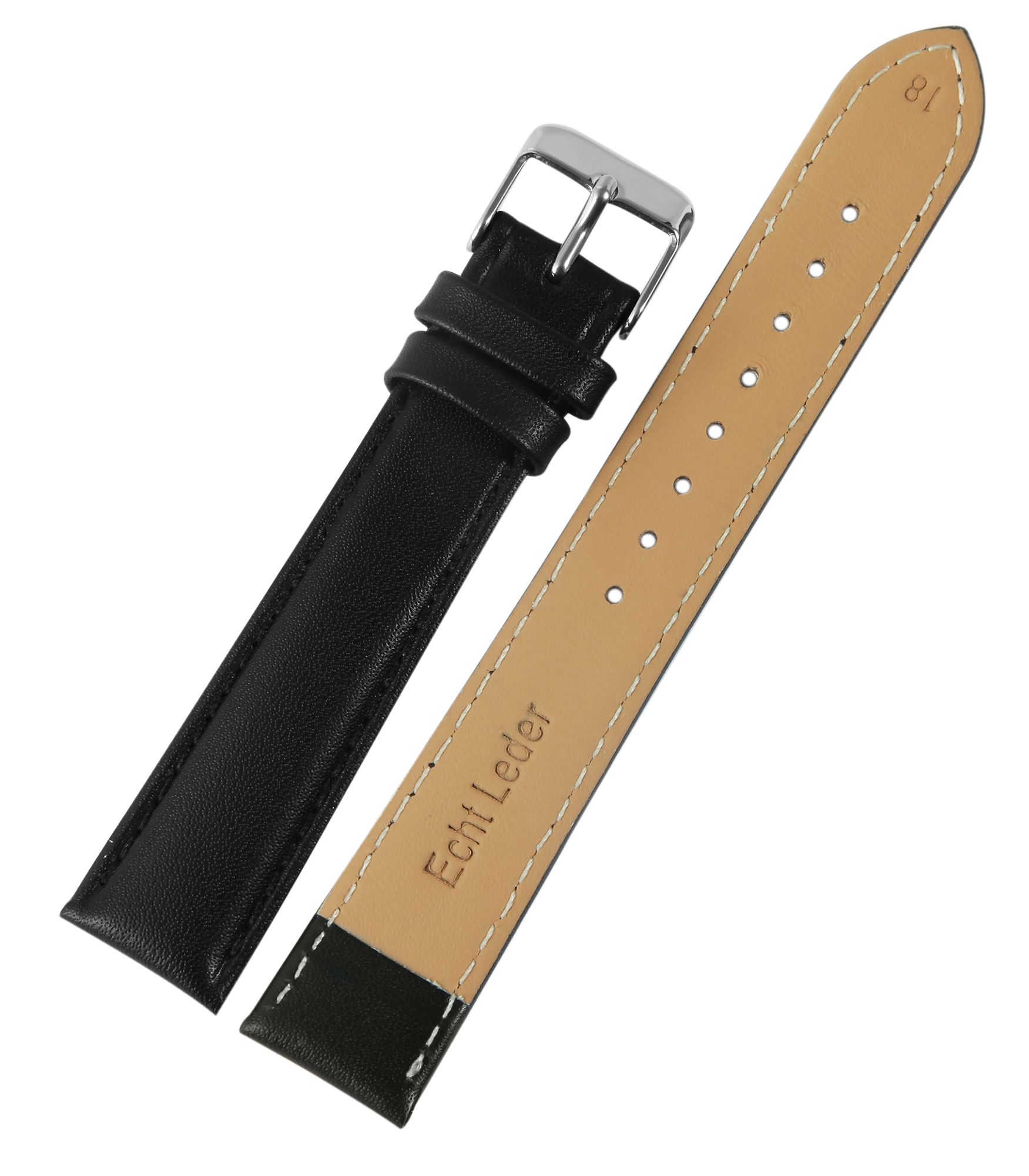Echtleder-Uhrenarmband mit Naht, gepolstert, schwarz, 20 mm