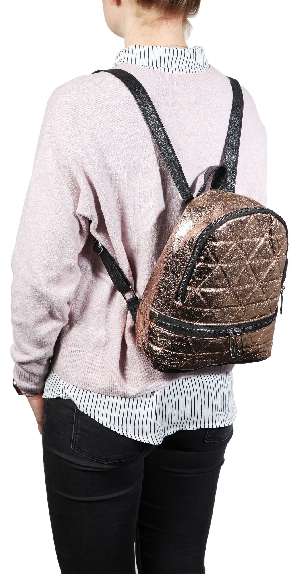 Damen-Rucksack aus Lederimitat, champagner, schwarz, Länge: 26 cm / Breite: 23,5 cm / Stärke: 11,5 cm