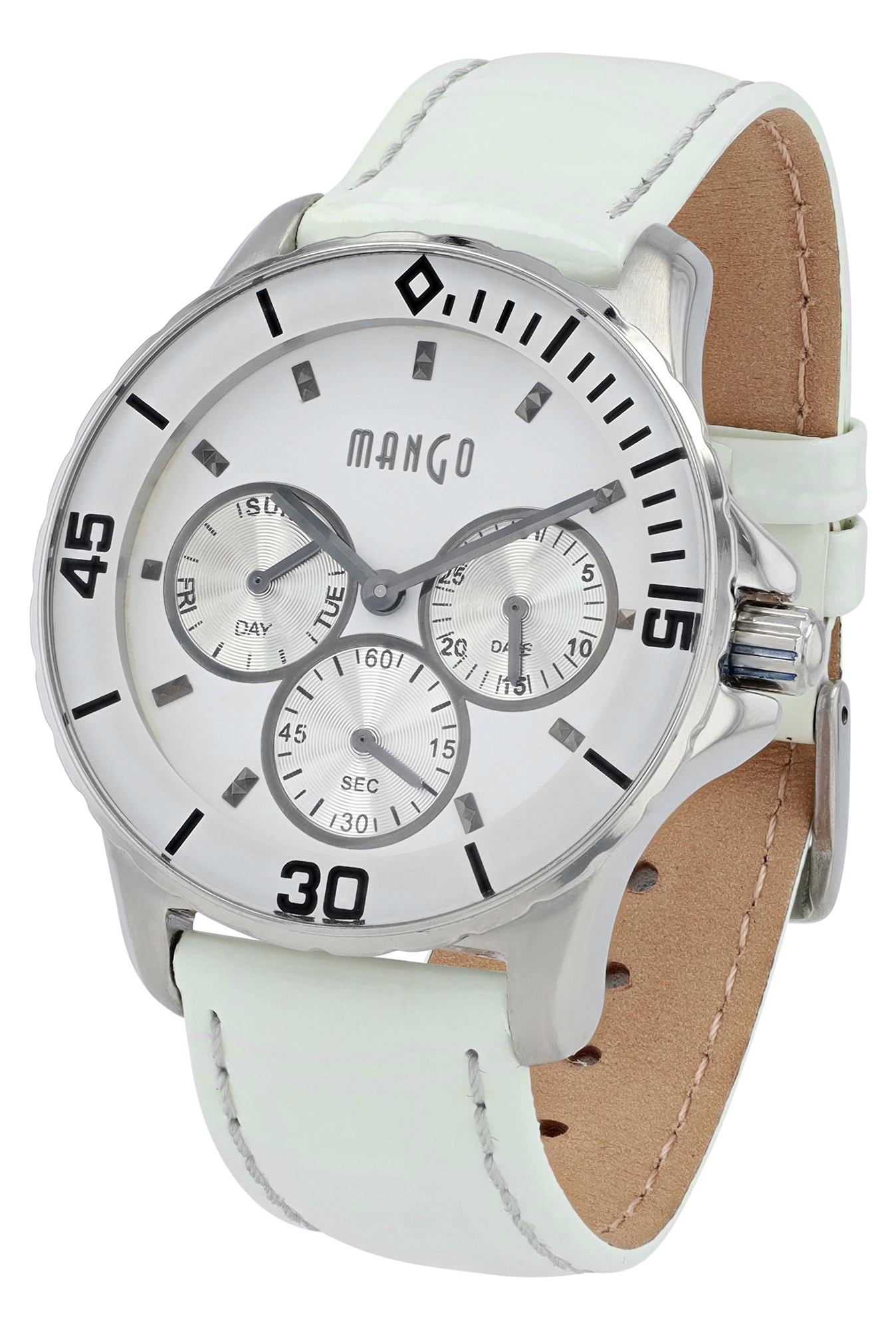 Mango Multifunktion Damenuhr Ø 37 mm, Echtlederband Koroko-Optik, weiß/ silberfarben