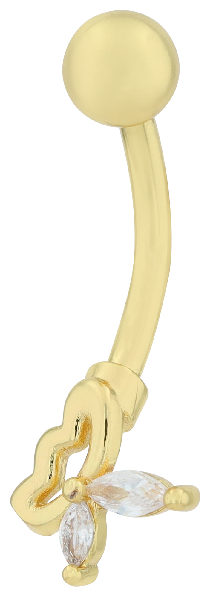 "Hari"Edelstahl-Bronze Bauchnabelpiercing, Länge 12 mm/ Stärke 2 mm, Schmetterling, Zirkonia, goldfarben