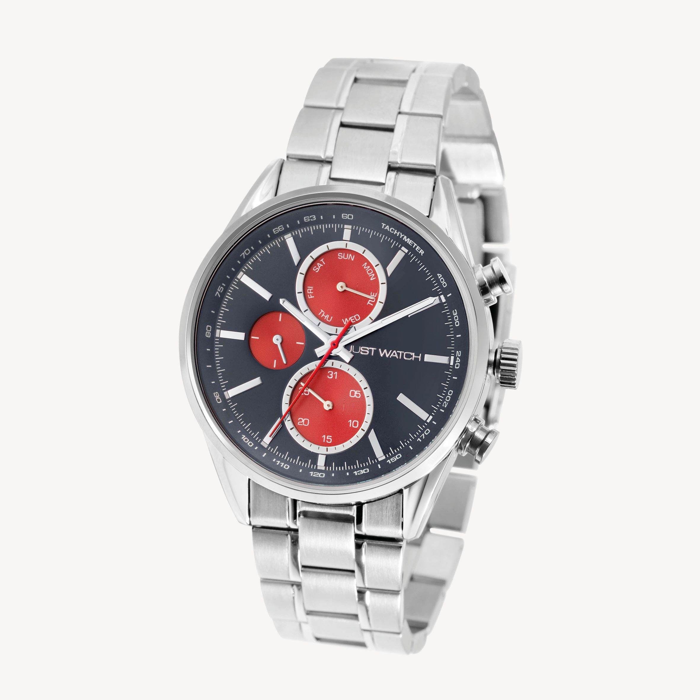 Just Watch Herrenuhr "Valcone" Edelstahlarmband, Datum- und Wochentagsanzeige, silberfarben/blau