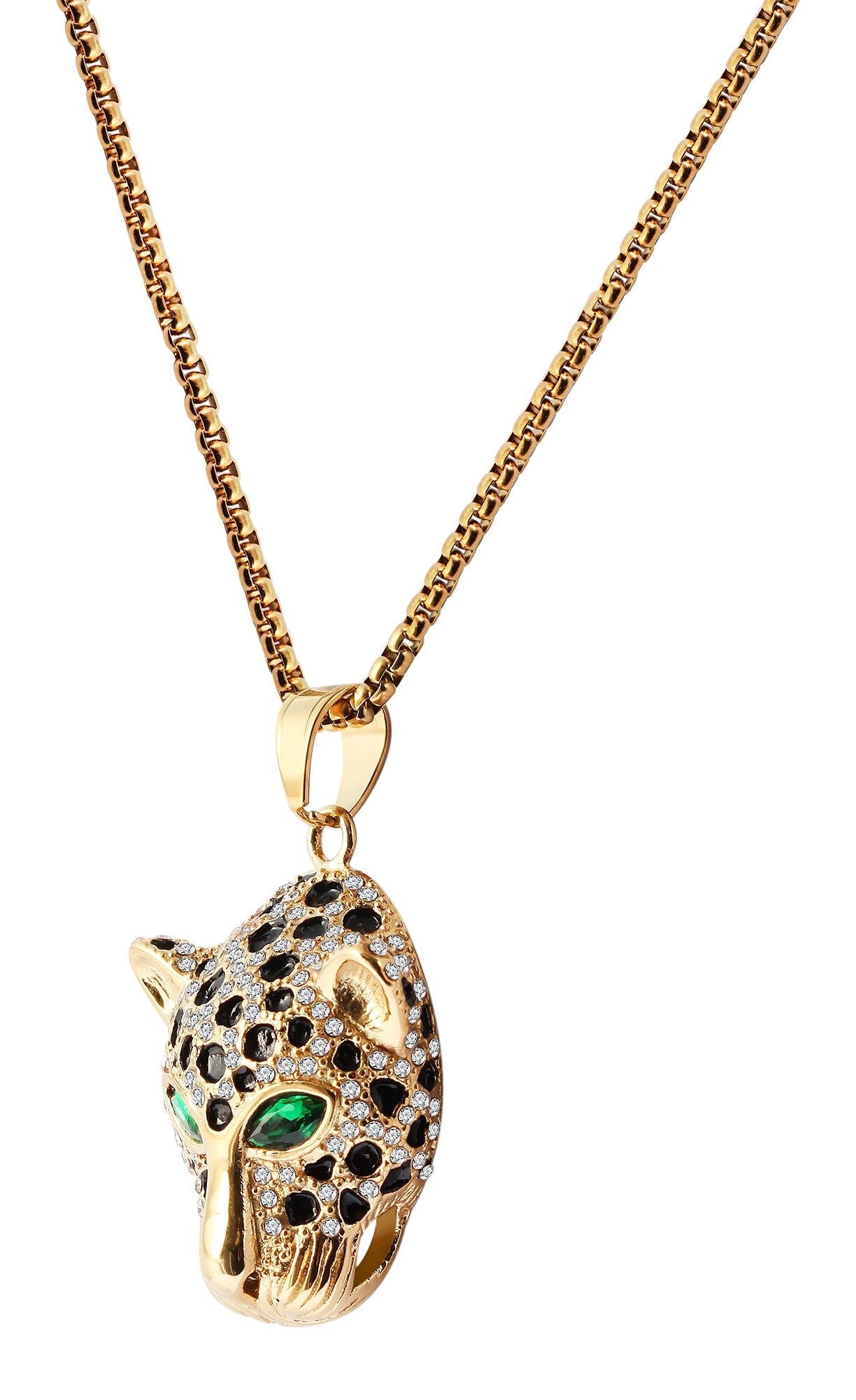 "Arunas" Edelstahl Kette mit Anhänger - Leopardenkopf, 61 cm/ 3 mm, goldfarben