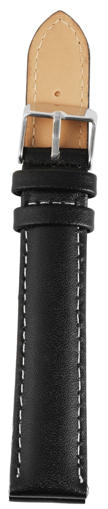 Echtleder-Uhrenarmband, Edelstahl Dornschließe, schwarz mit weißer Naht, 18 mm