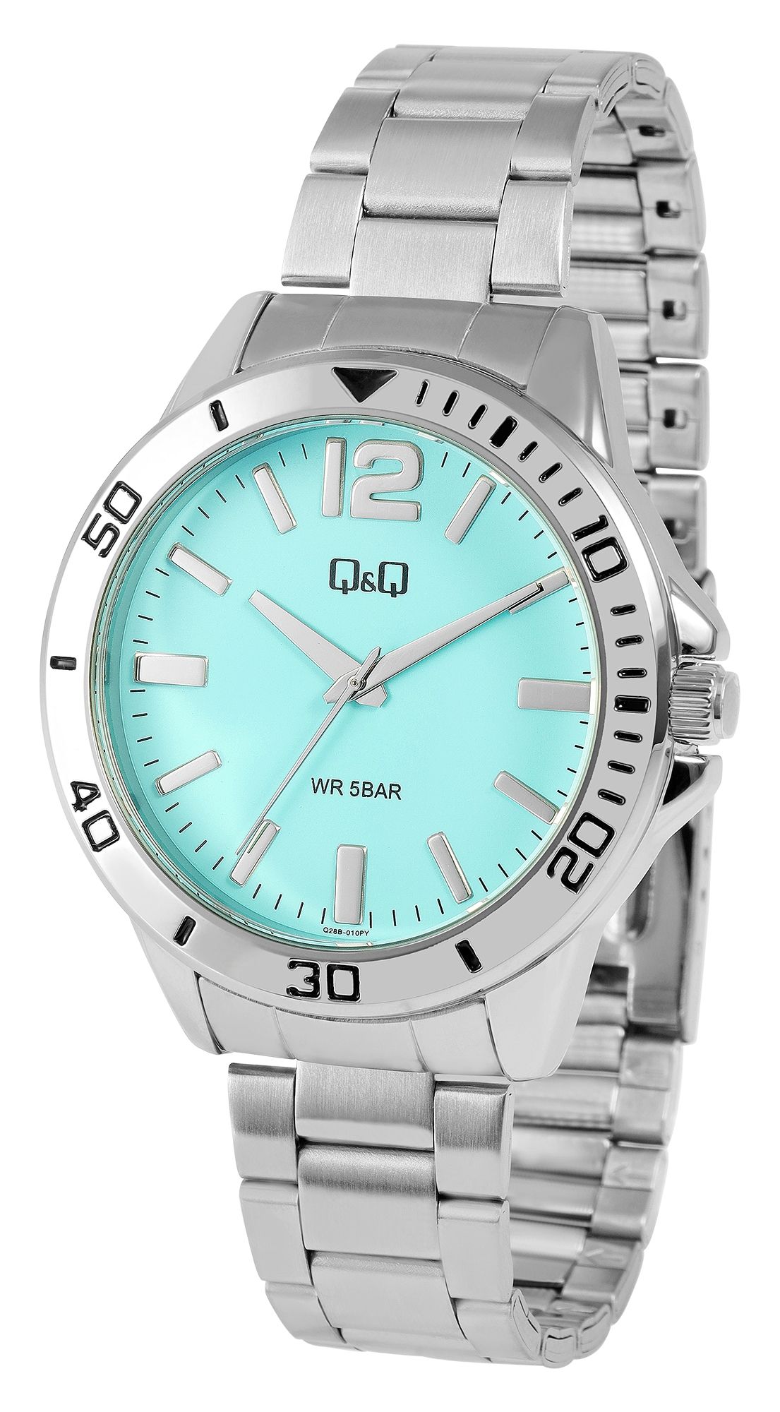 Q&Q Herrenuhr, Edelstahlarmband, silberfarben/hellblau, 5 ATM, Ø 44 mm