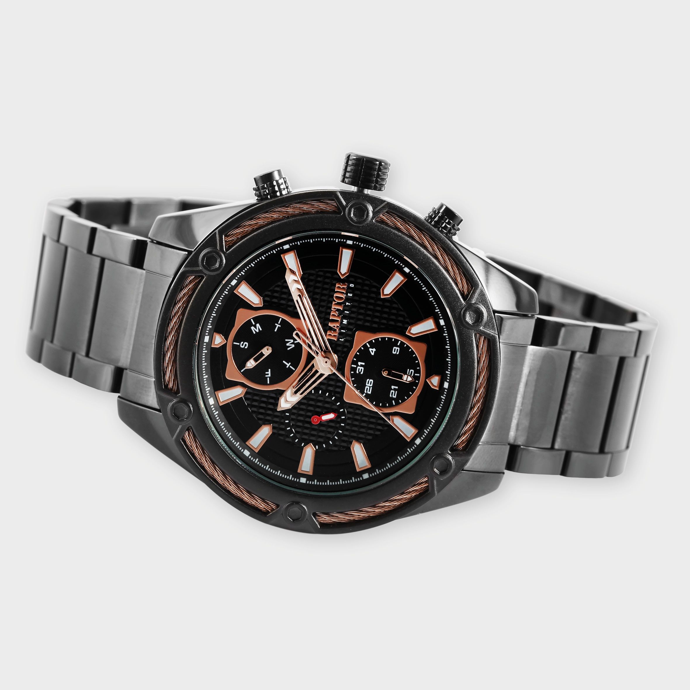Raptor Limited Herrenuhr "Maher" mit Edelstahlarmband und Multifunktionsanzeige, schwarz/kupferfarben