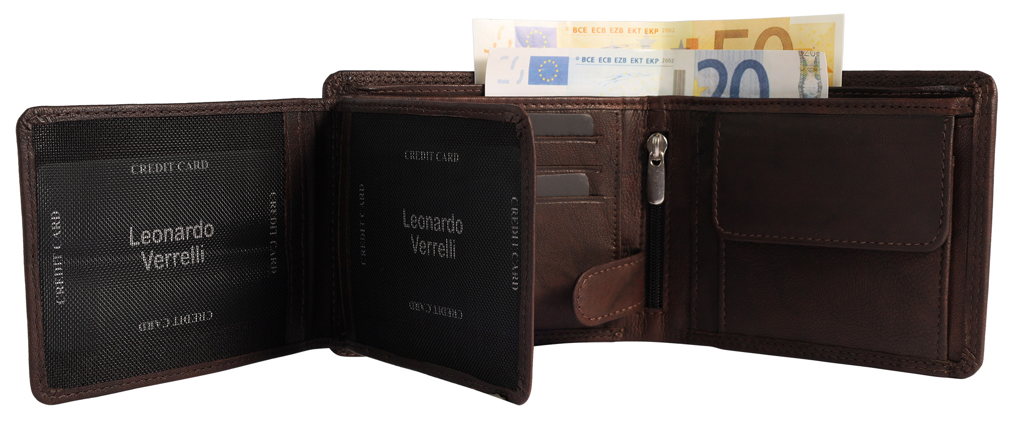 Leonardo Verrelli Echtleder (Antik) Geldbörse, RFID, Querformat, dunkelbraun