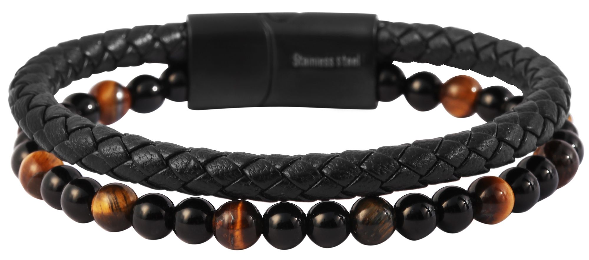 "Arnt" Armband aus Echtleder und Naturstein, schwarz, 23 cm