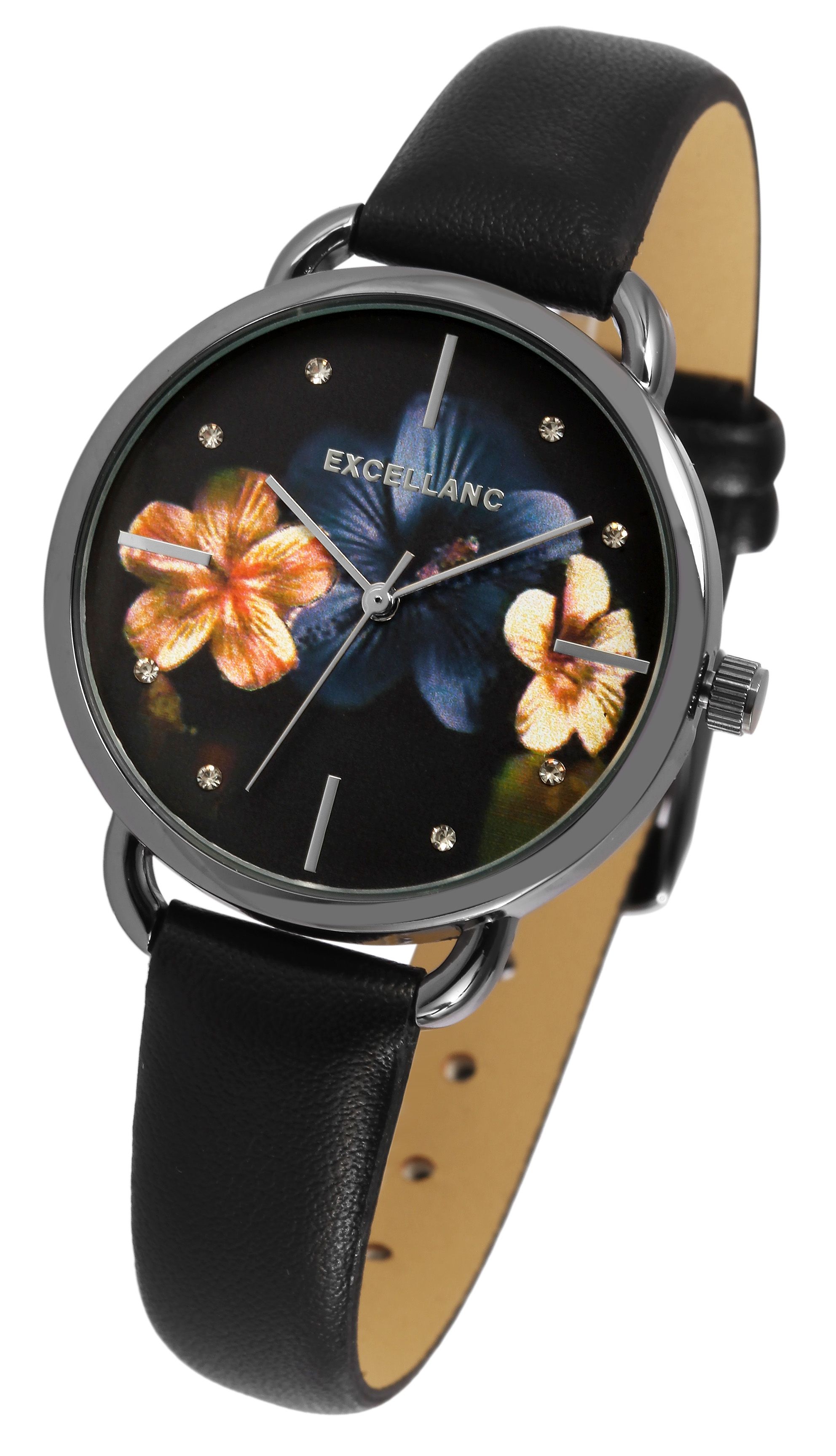 Excellanc Damenuhr mit Lederimitationsarmband, floral, schwarz