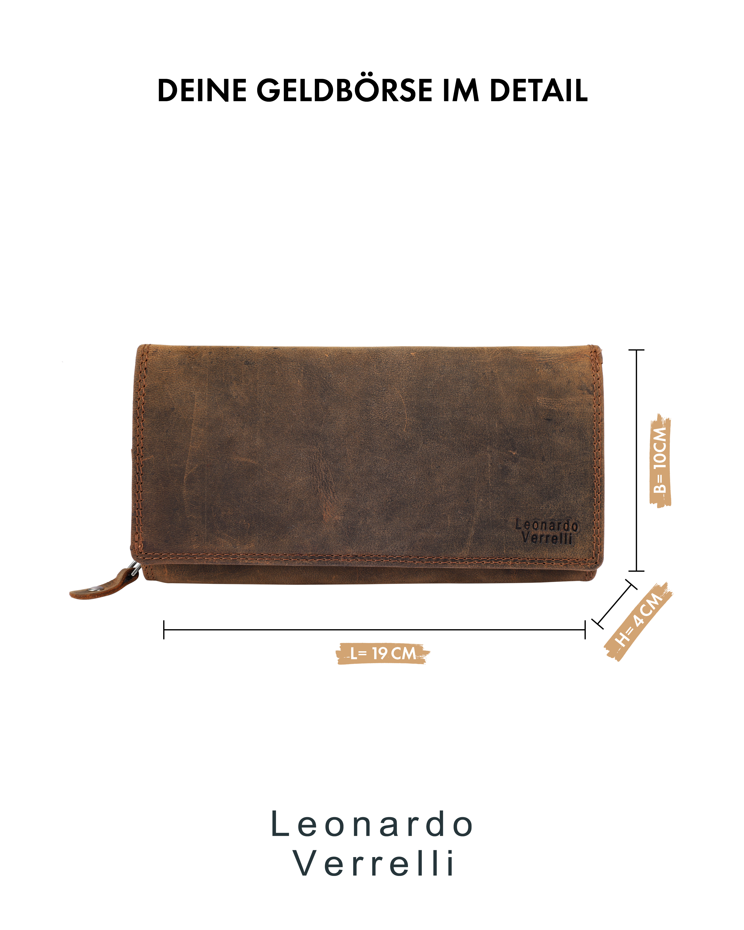 Leonardo Verrelli Echtleder (Hunter) Damen Geldbörse, Querformat, RFID, braun