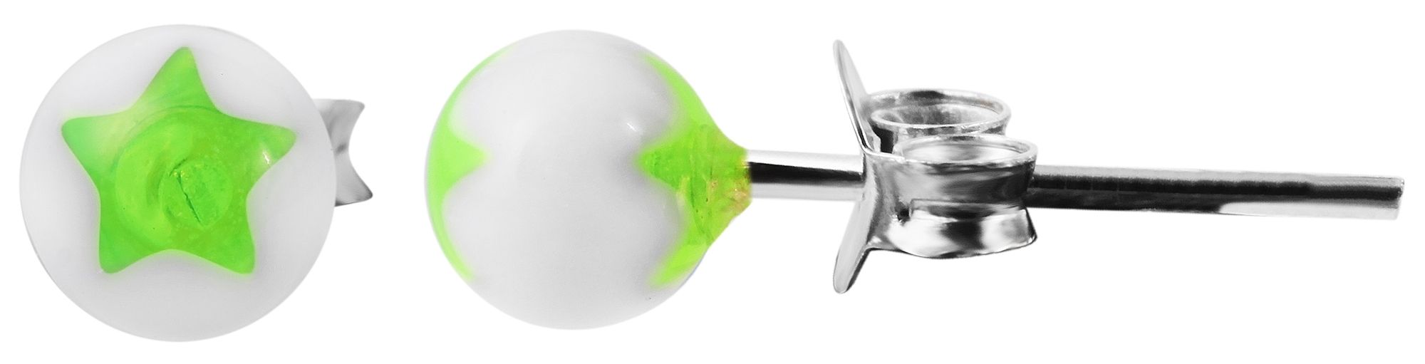 925/- Echt Silber Kinder Ohrstecker "Astrid", Perle mit Stern, weiß/neongrün