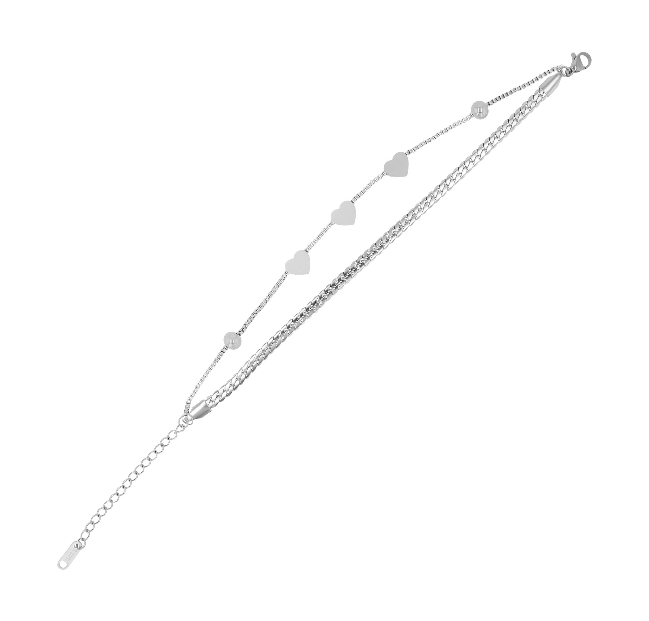 "Roxane" 2 Layering Armband, Edelstahl, Herzen & Kugeln, 17+5 cm, silberfarben