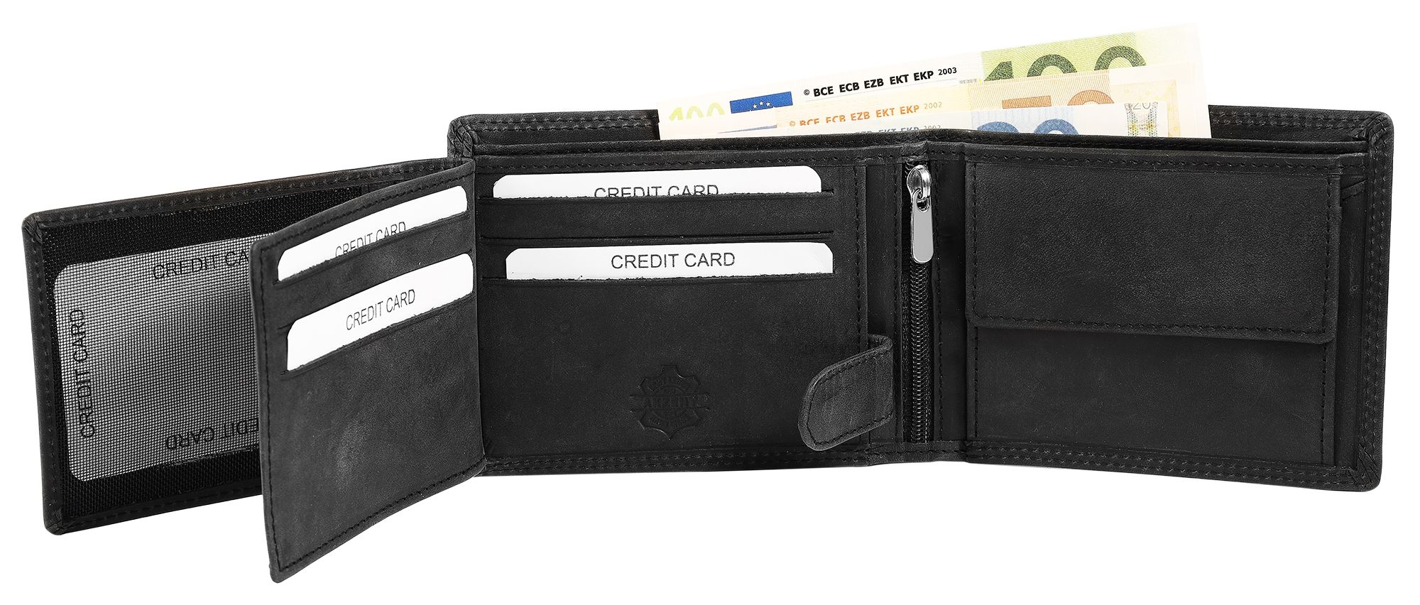 Akzent Echt Leder (Hunter-Leder) Geldbörse, RFID, Querformat, "Segelschiff", schwarz