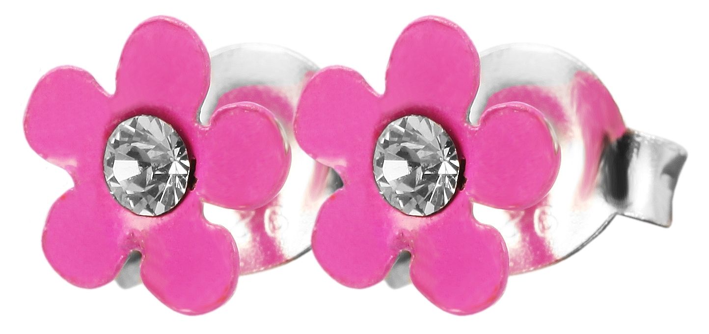 925/- Echt Silber Kinder Ohrstecker "Florette", Blume mit Similistein, pink