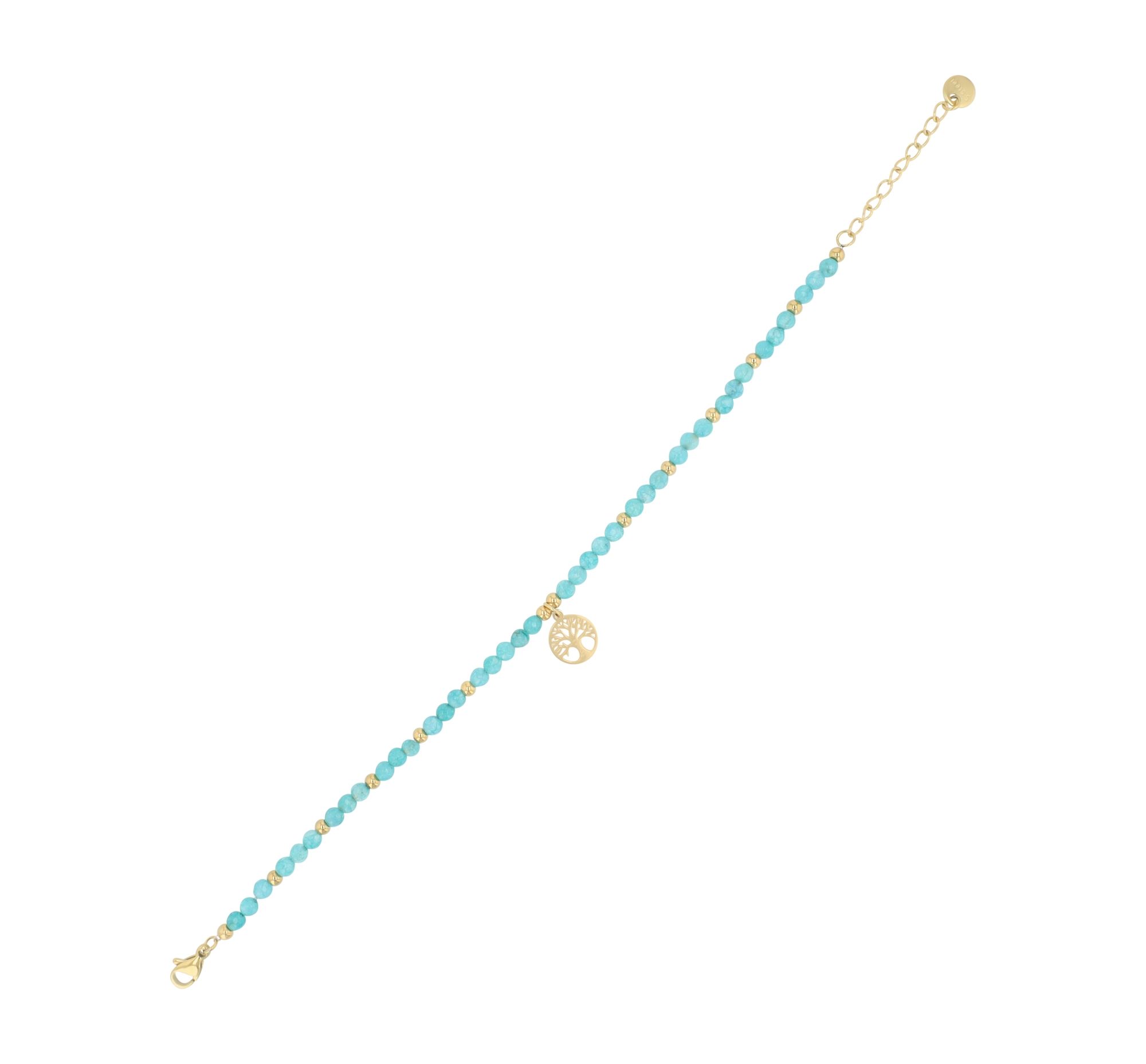 Akzent Armband mit Lebensbaumanhänger, Edelstahl & Kunststoffperlen, goldfarben/hellblau