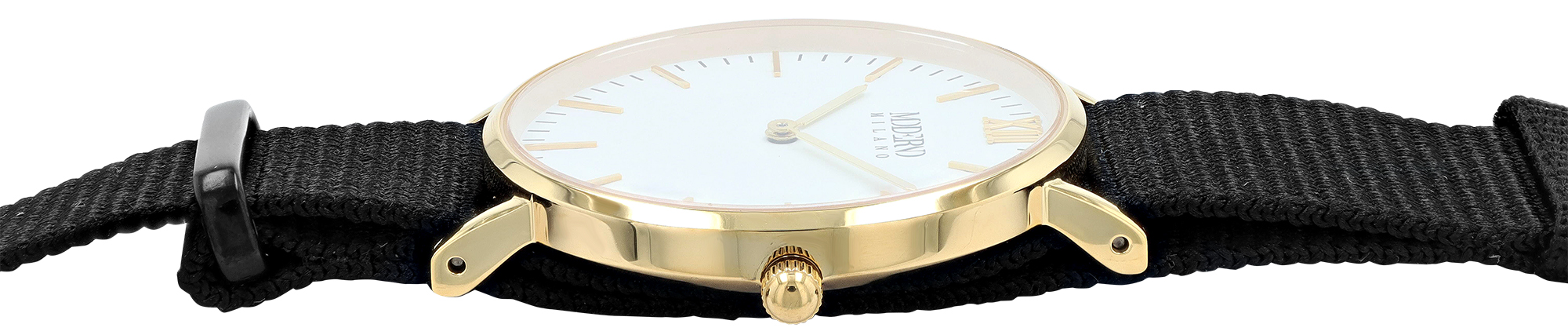 Moderno Milano Edelstahl Damenuhr 36,5 mm, Saphirglas & Nylon-NATO-Band (Schwarz), goldfarben
