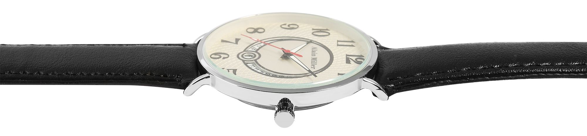 Alian Miller Herrenuhr mit Band aus Lederimitat, schwarz, weiß
