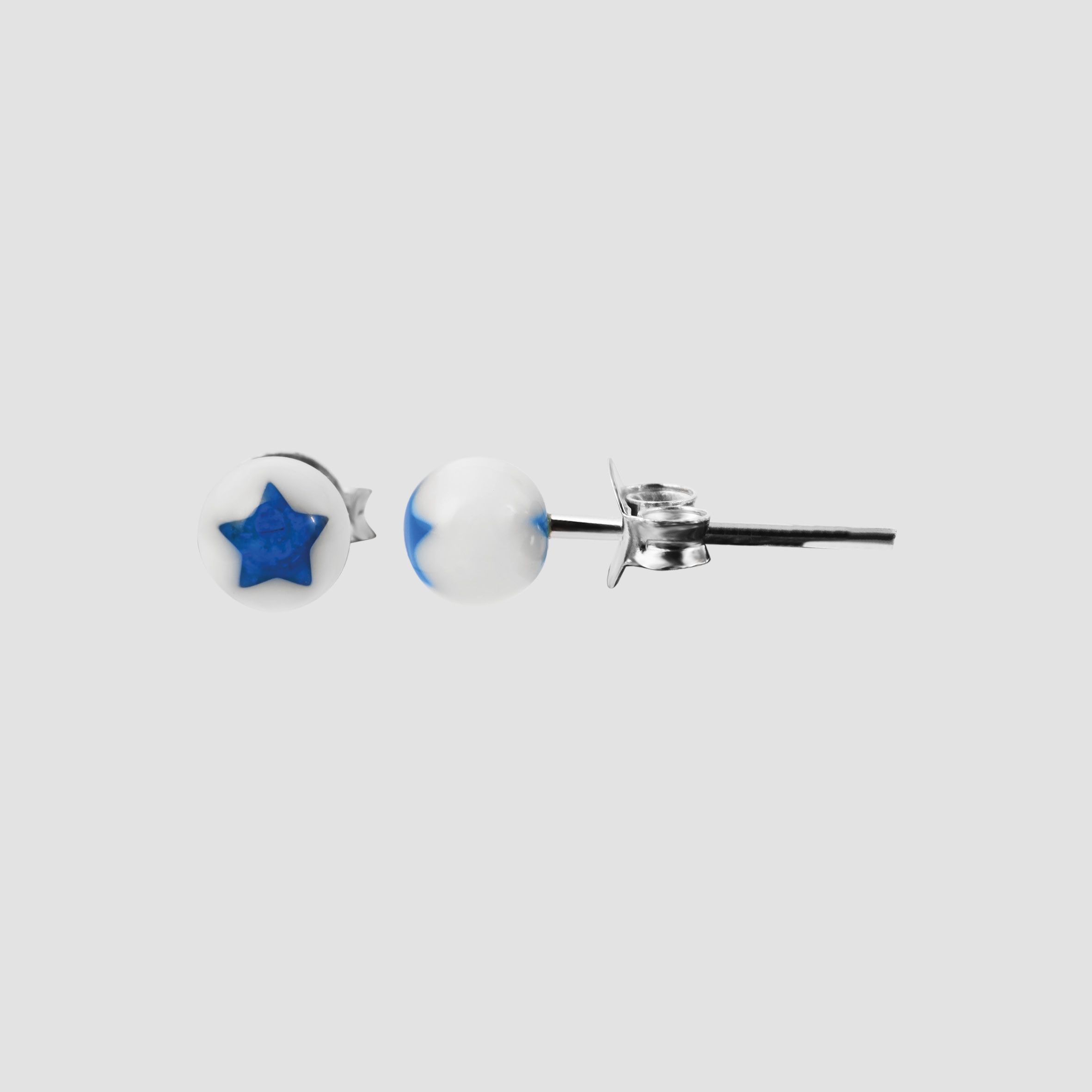 925/- Echt Silber Kinder Ohrstecker "Astrid" Perle mit Stern, weiß/blau