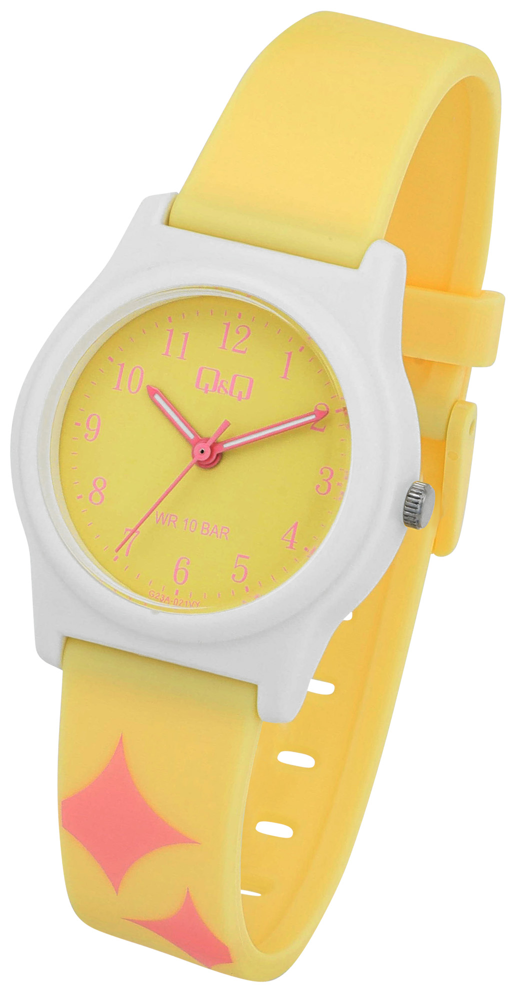 Q&Q Kinderuhr Ø 31 mm, Resinband, gelb/ weiß - Rauten-Muste