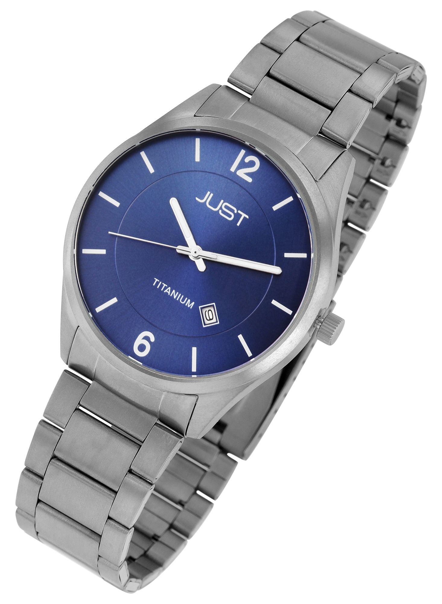 Just Herrenuhr mit Gliederarmband, Titan, 5 ATM, blaues ZB