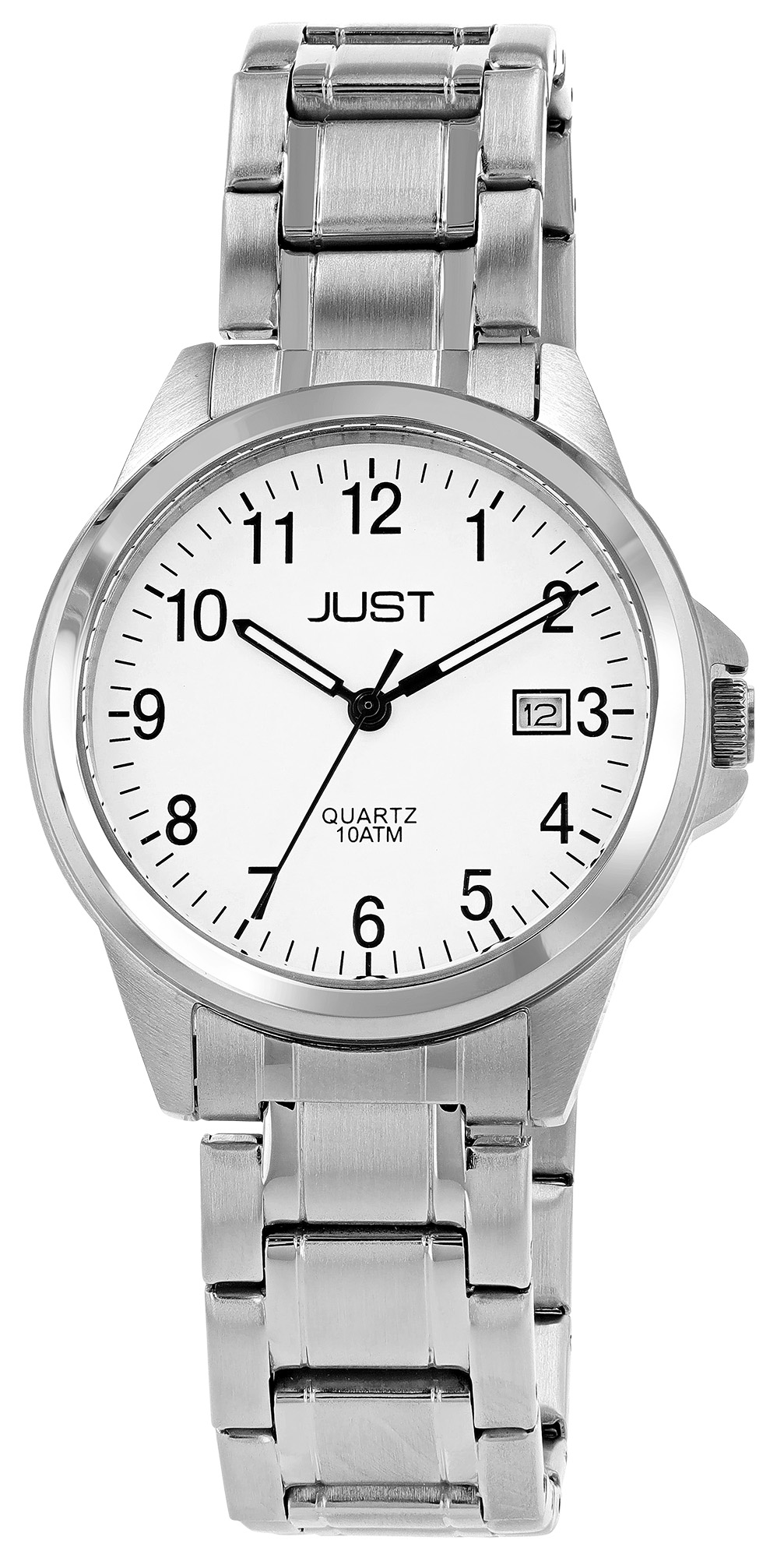Just "Baroon" Herrenuhr mit Edelstahlband, 3-Zeiger, Datumsanzeige, silberfarben, weißes ZB