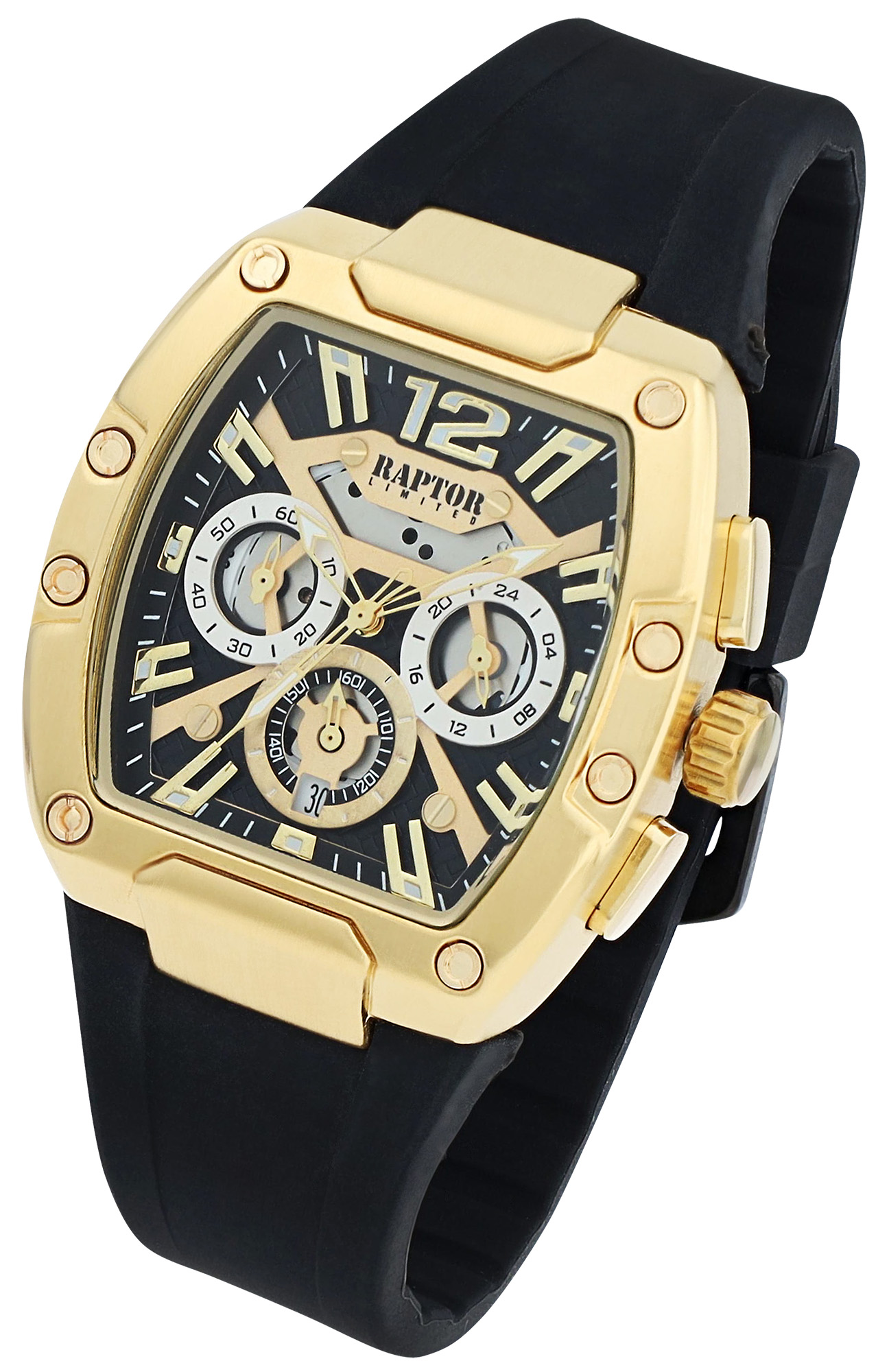 Raptor Limited Herrenuhr "Aldriel", Silikonarmband, Chronograph, schwarz/ goldfarben