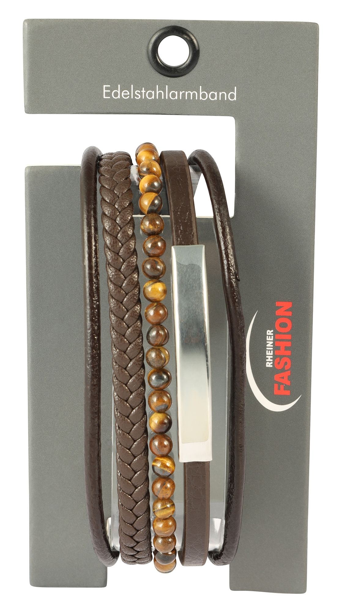 "Nye" 17 cm, Armband aus Lederimitat mit braunem Tigerauge und Gravurplatte, VE-4
