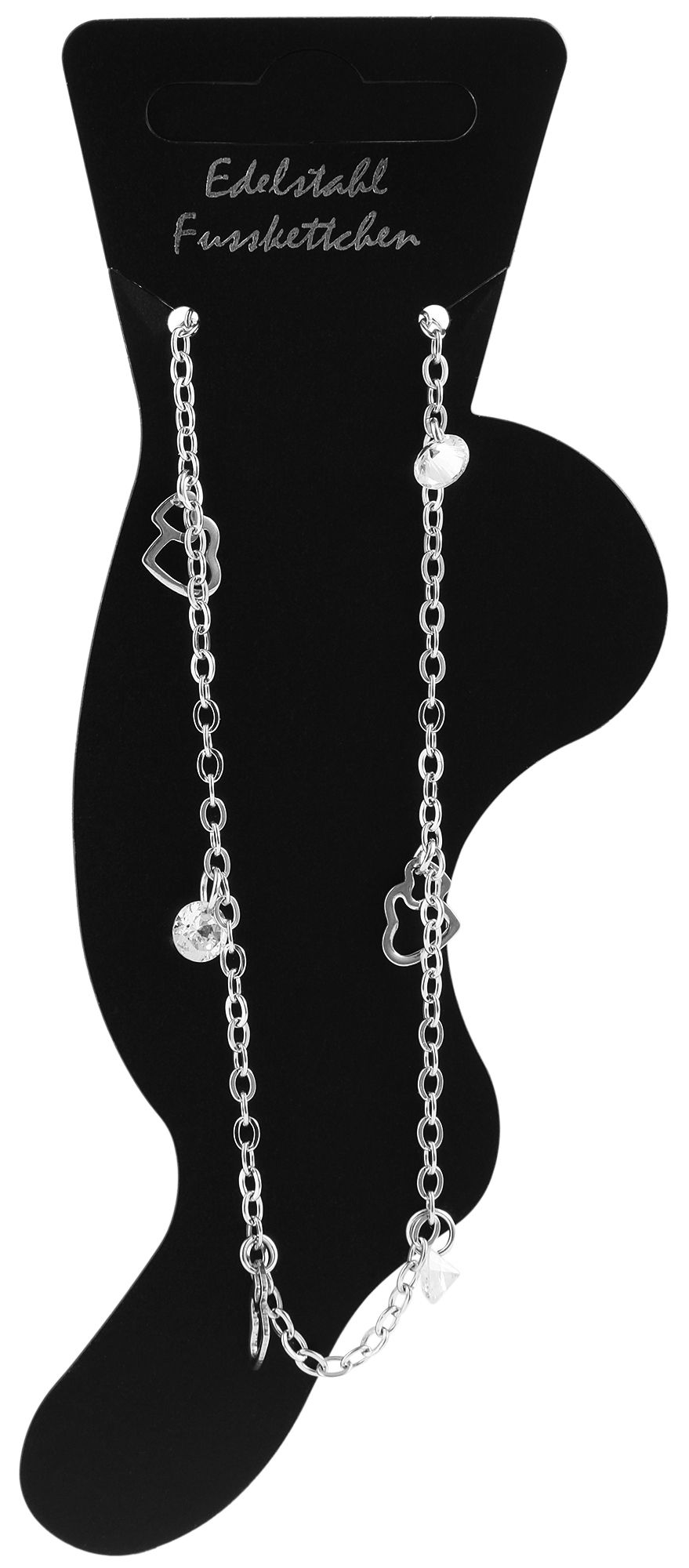 "Lia", Akzent Edelstahl Fußkette, Similibesatz, Herz, silberfarbig, 25 cm