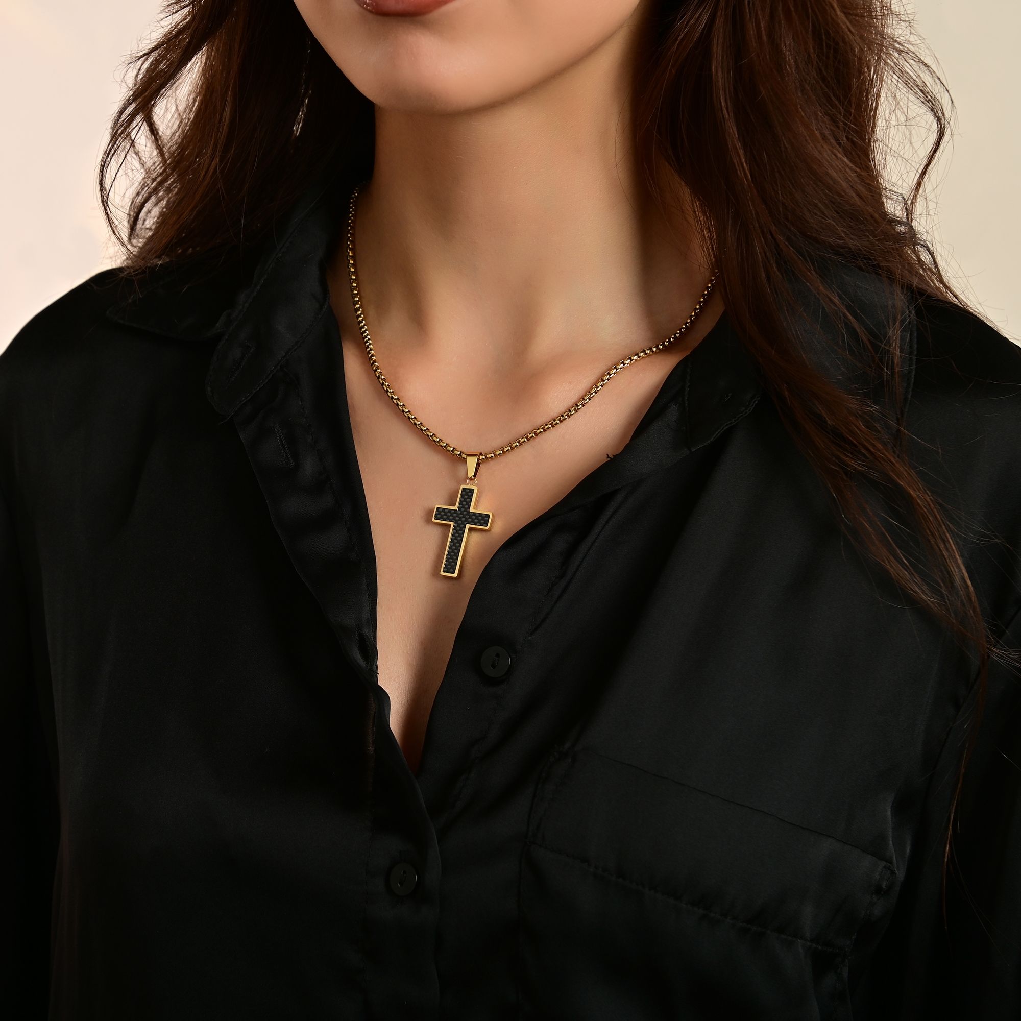 "Julice" Edelstahl Kette mit Anhänger - Kreuz, 61 cm, goldfarben/ Carbon