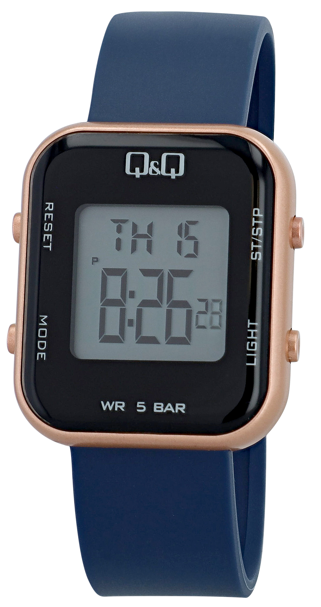 Q&Q Unisex Digitaluhr, Kunststoff, Resinband, blau/roségoldfarben, 5 ATM, 40 x 34 mm