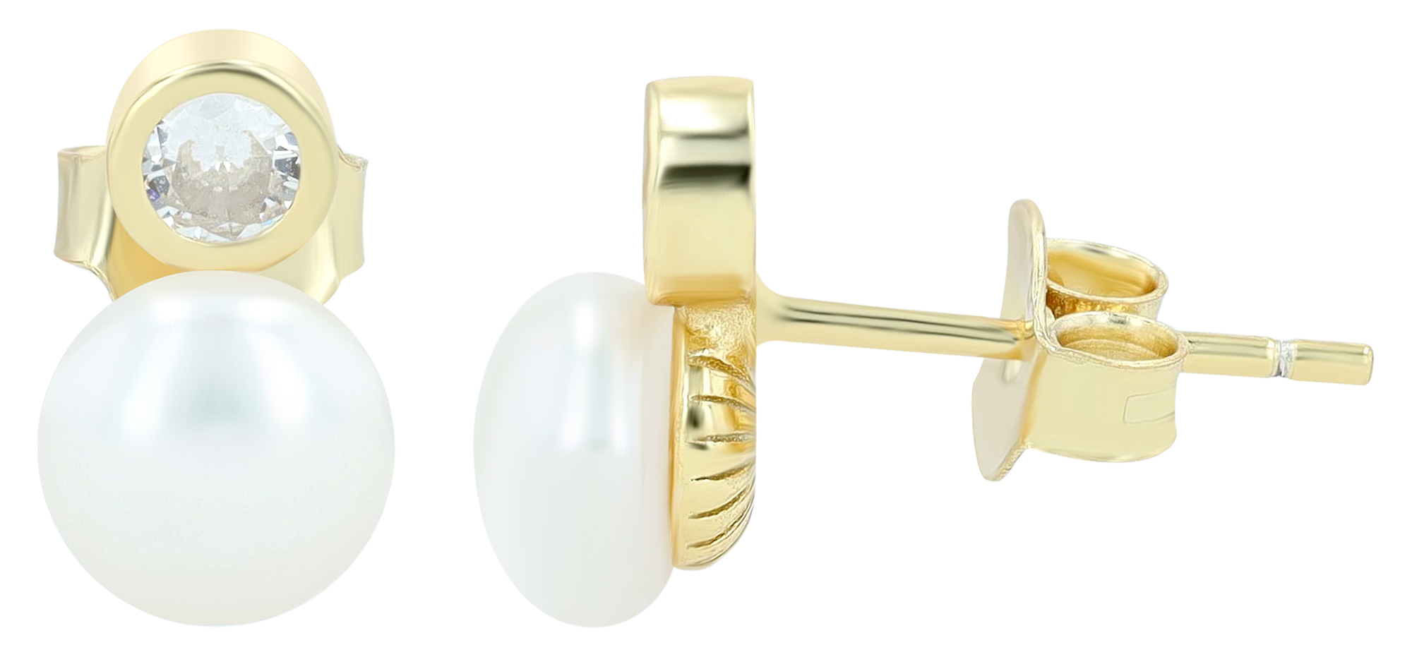 "Arbi" 925/- Echt Silber Ohrstecker, echte Süßwasserperle Ø 6 mm, Zirkonia, vergoldet