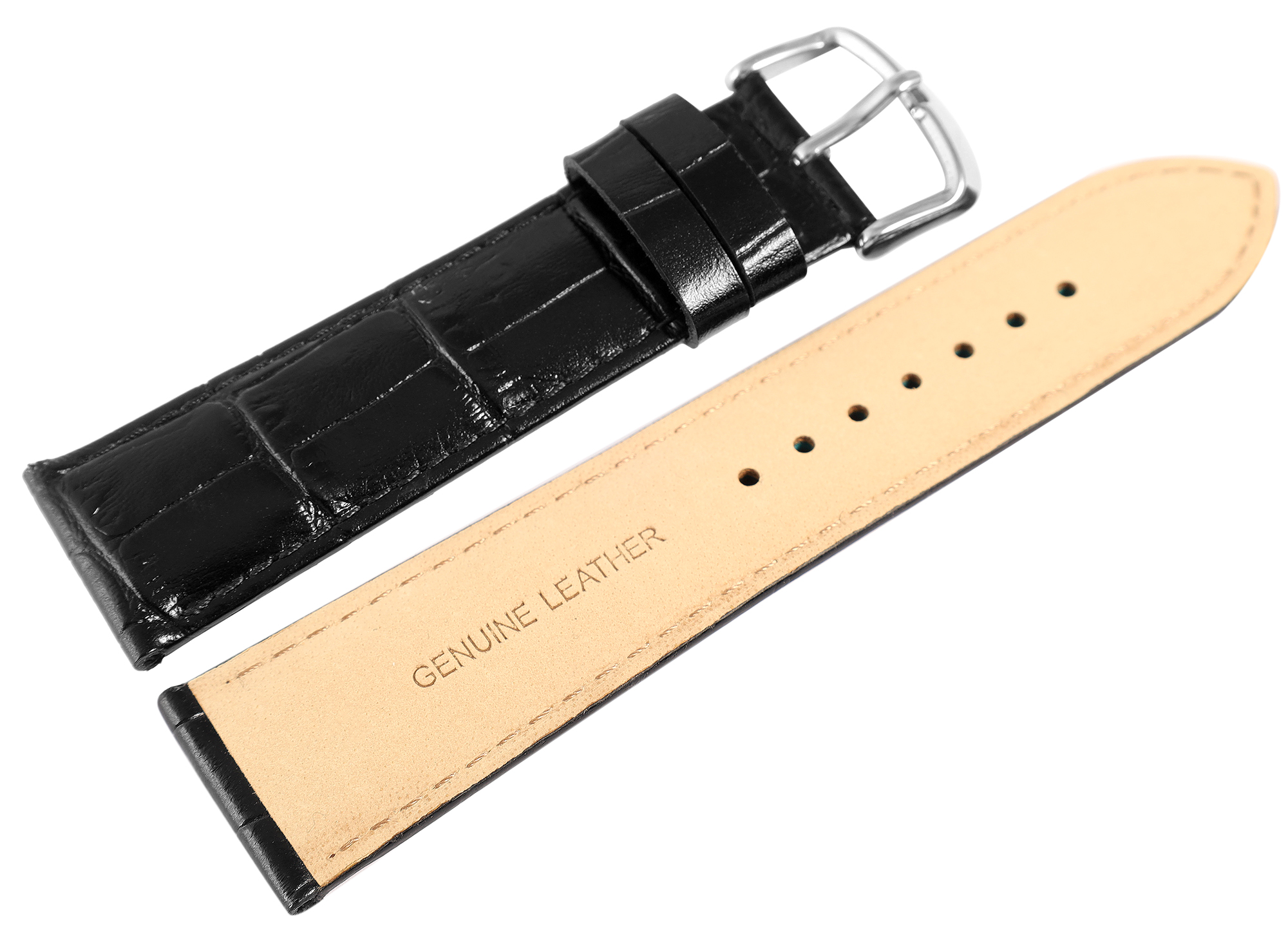 Uhrenarmband aus Echt Leder, Kroko-Optik, schwarz, 22 mm