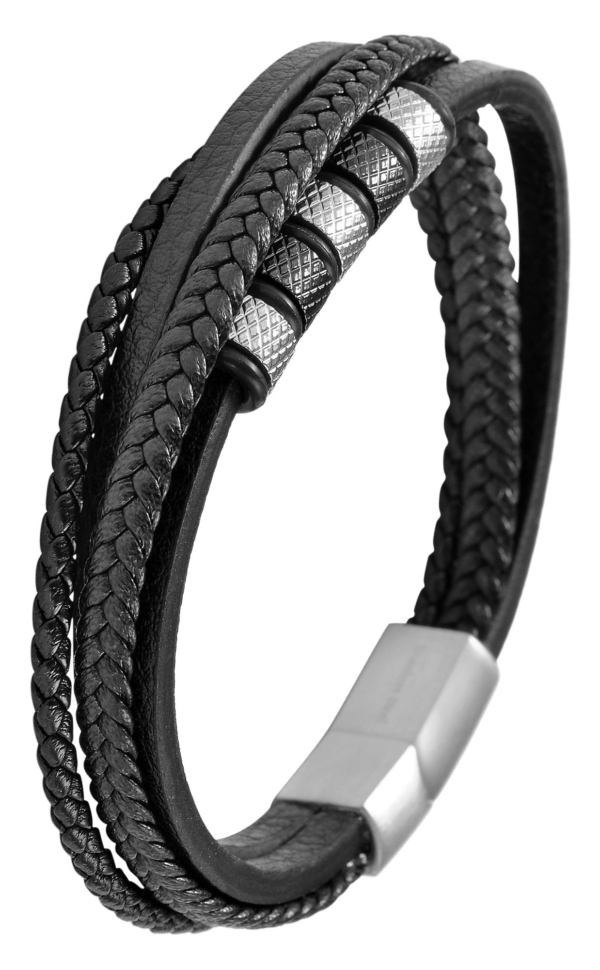 Akzent Armband aus Lederimitat mit Edelstahlelementen, schwarz/silberfarben, 19 cm