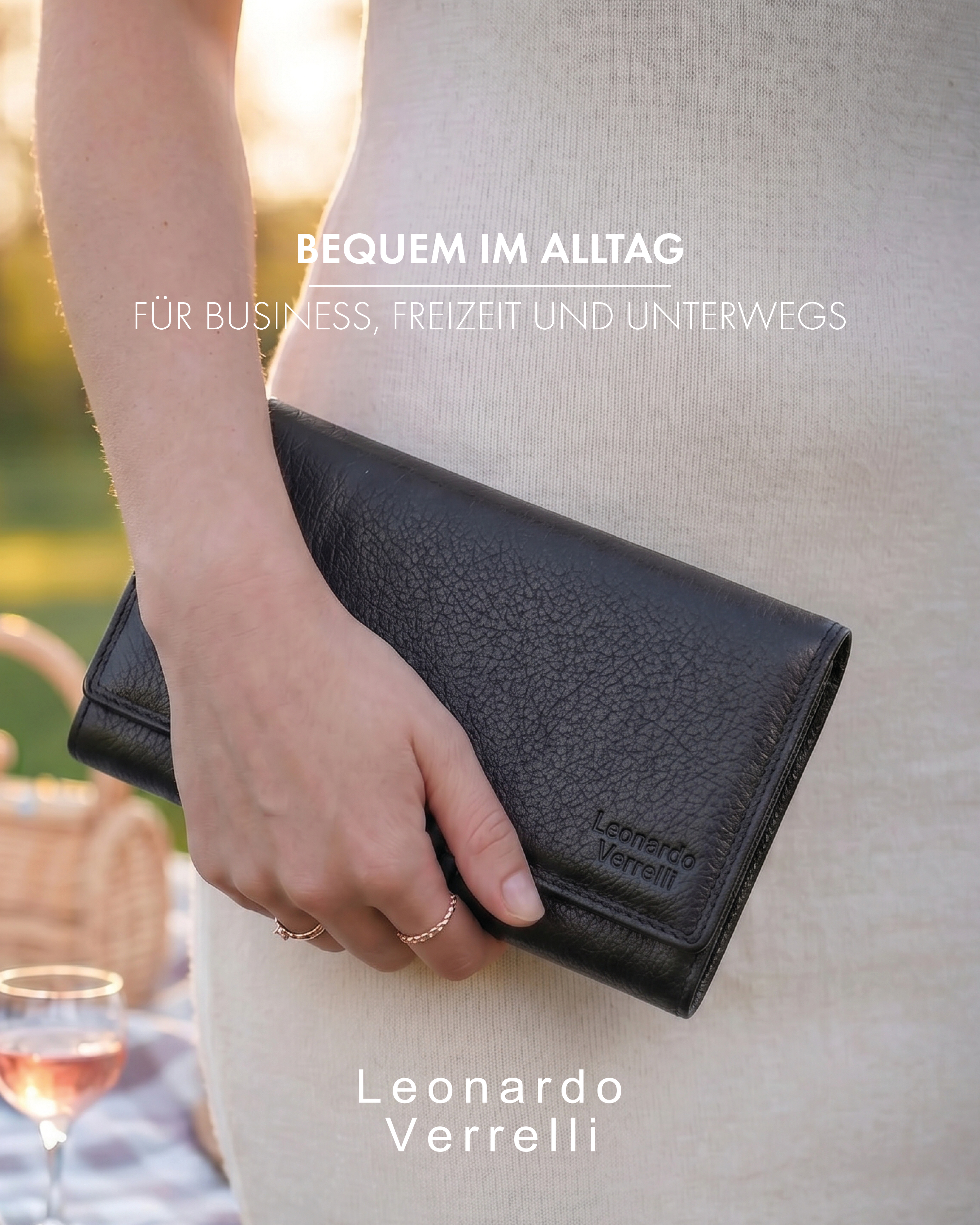 Leonardo Verrelli Echtleder (Nappa) Damen Geldbörse, RFID, Querformat, schwarz