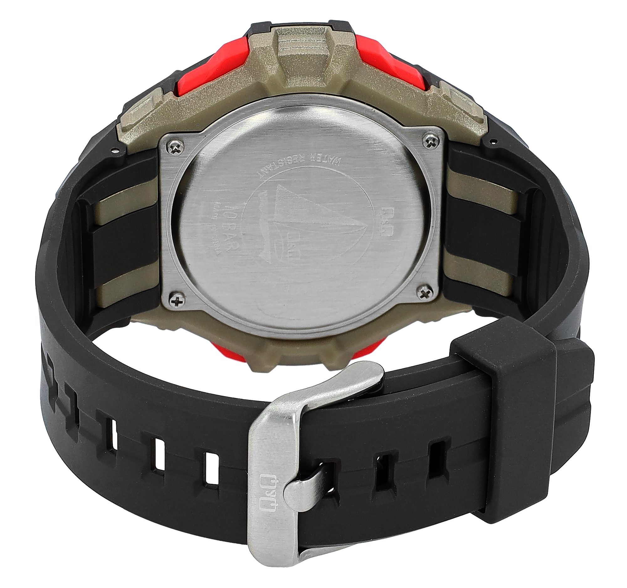 Q&Q Herren Digitaluhr, Silikonarmband, multifunktion, braun/goldfarben/rot