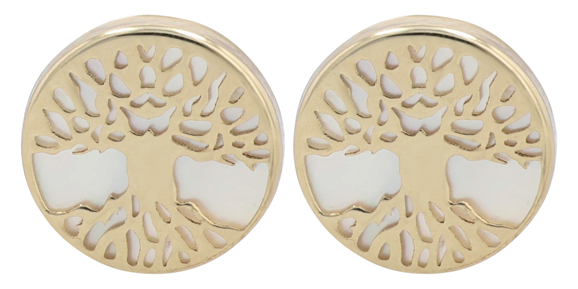 333/- Echt Gold "Cypress" Ohrstecker - Plättchen Ø 8 mm/ Lebensbaum - Gelbgold/ Perlmutt, 8 Karat