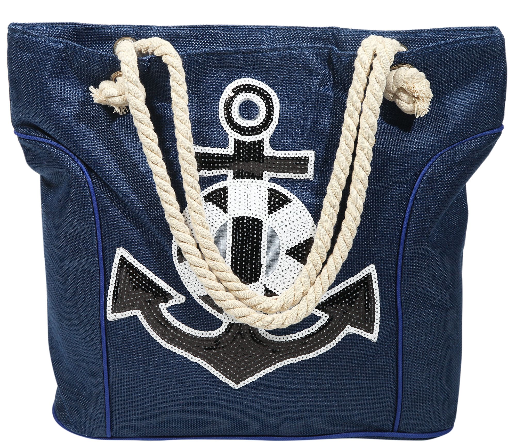 Strandtasche aus Nylon, Ankermotiv aus Pailletten, blau