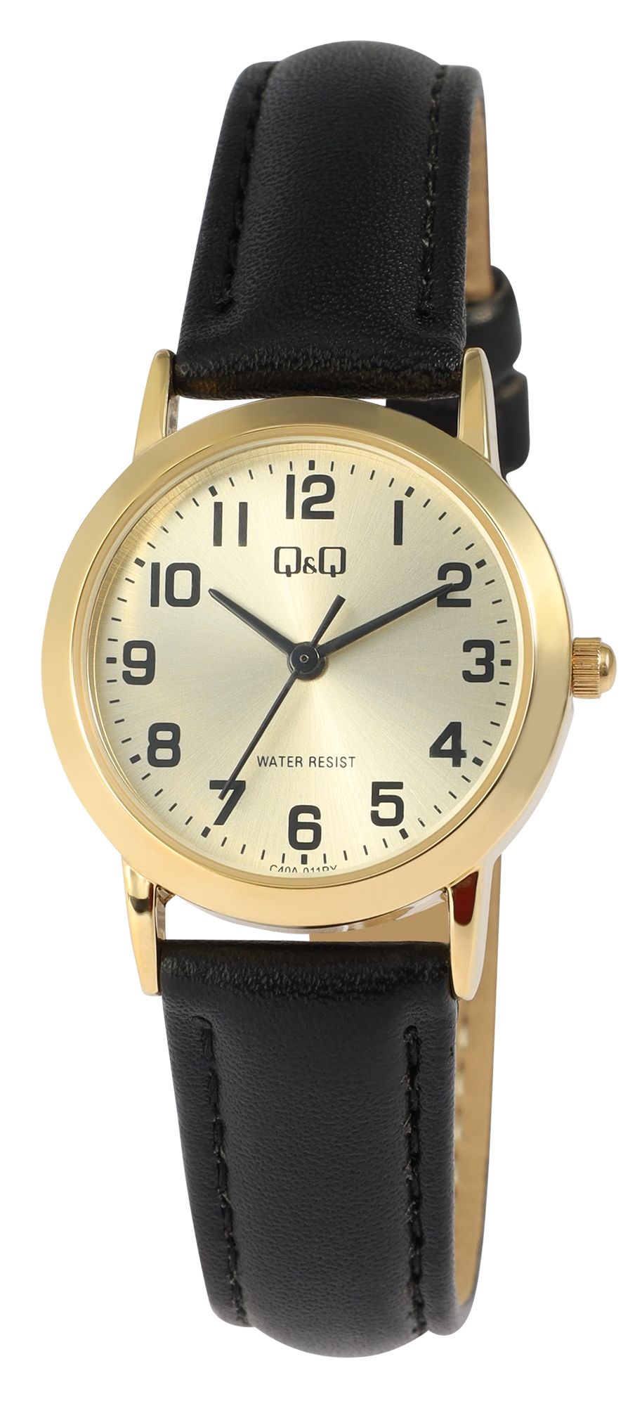 Q&Q Damenuhr, gepolstertes Lederimitatband, Ø 26 mm, schwarz/goldfarben
