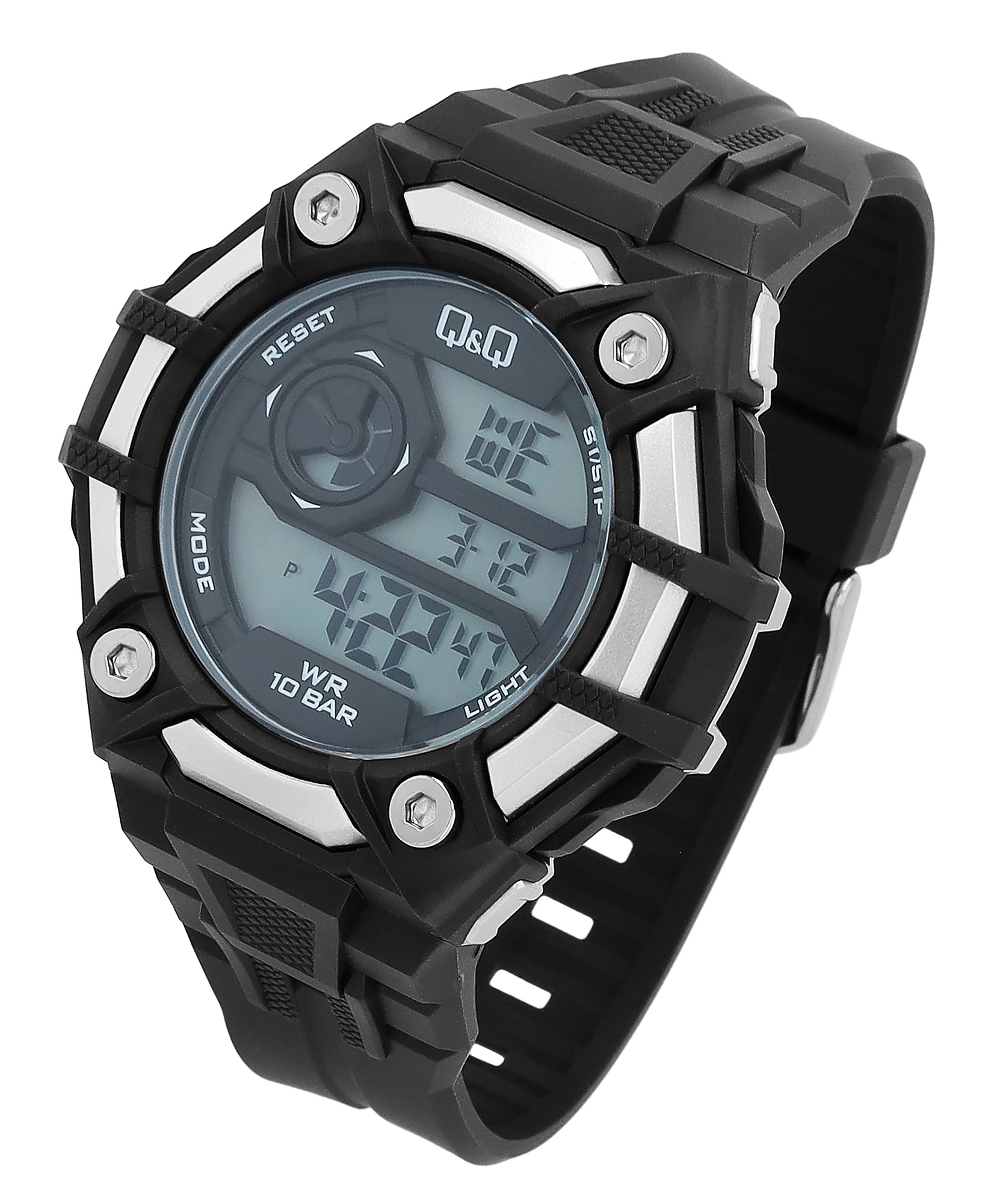 Q&Q Herren Digitaluhr, Silikonarmband, multifunktion, schwarz/silberfarben