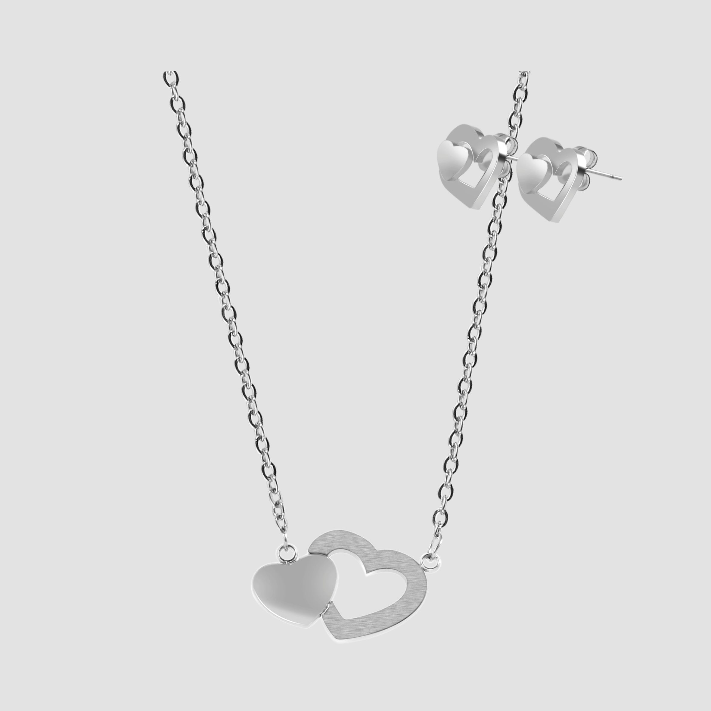 Akzent Schmuckset mit Kette und Ohrstecker, Edelstahl, Herz, silberfarben