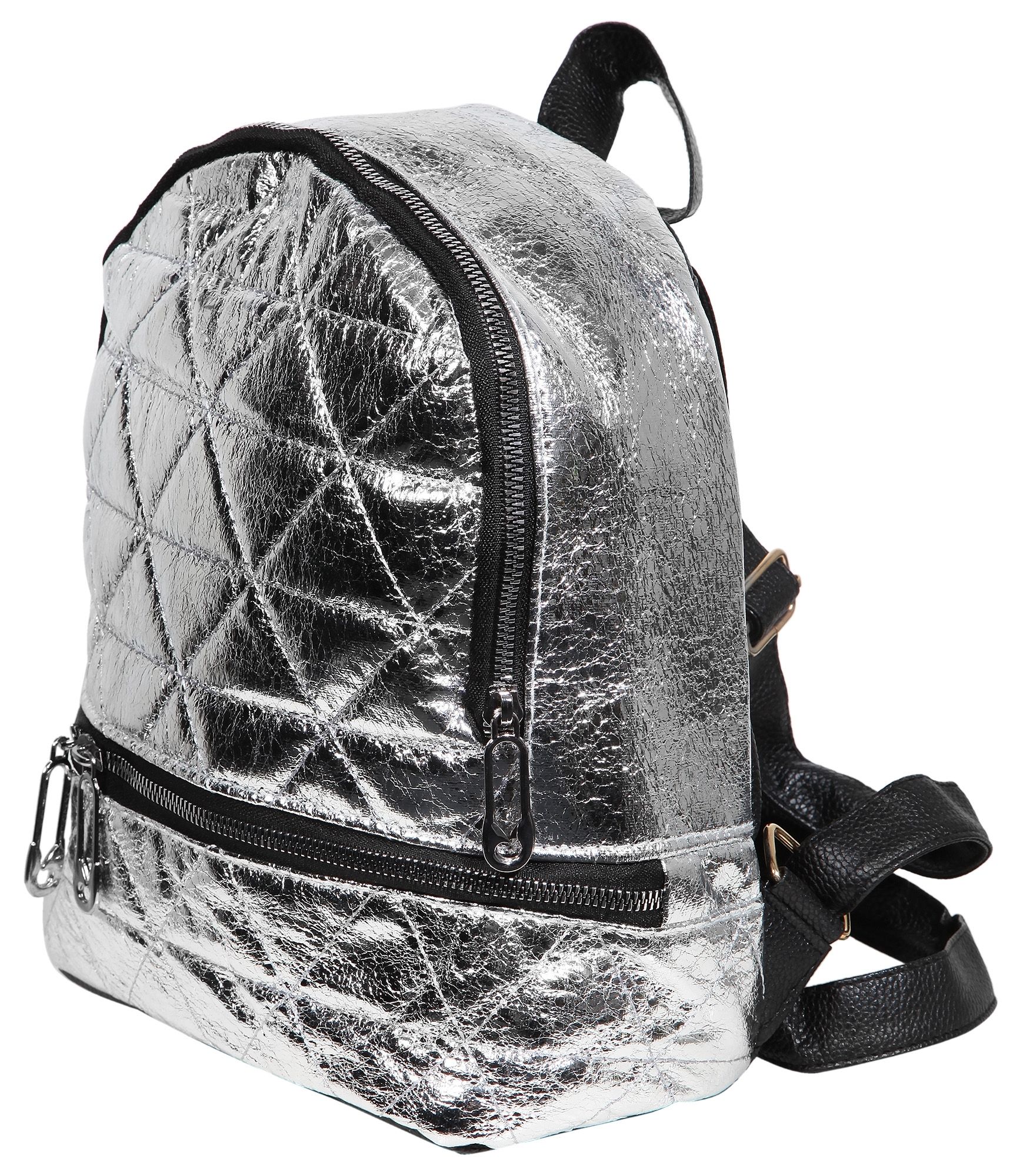 Damen-Rucksack aus Lederimitat, silberfarbig, schwarz, Länge: 26 cm / Breite: 23,5 cm / Stärke: 11,5 cm